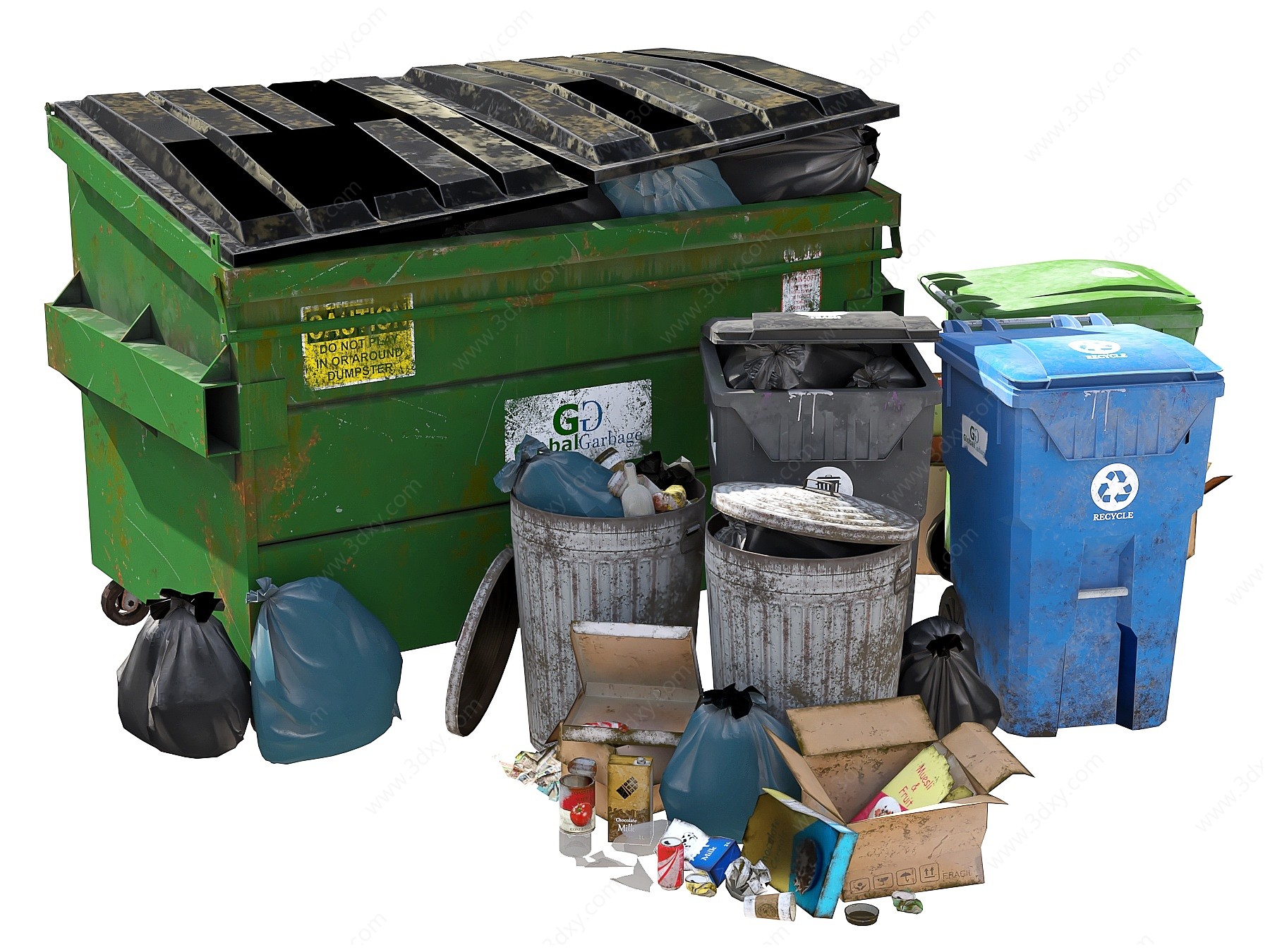 现代垃圾车垃圾桶垃圾3D模型
