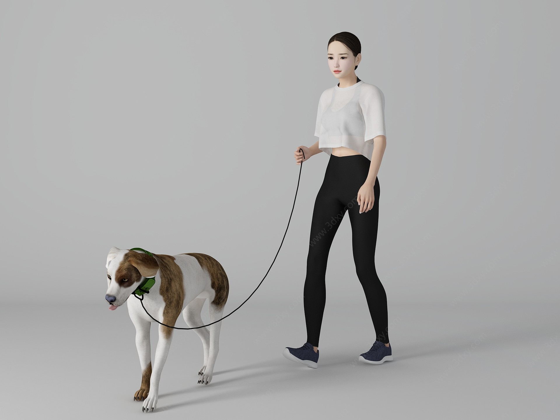 美女遛狗牵绳3D模型
