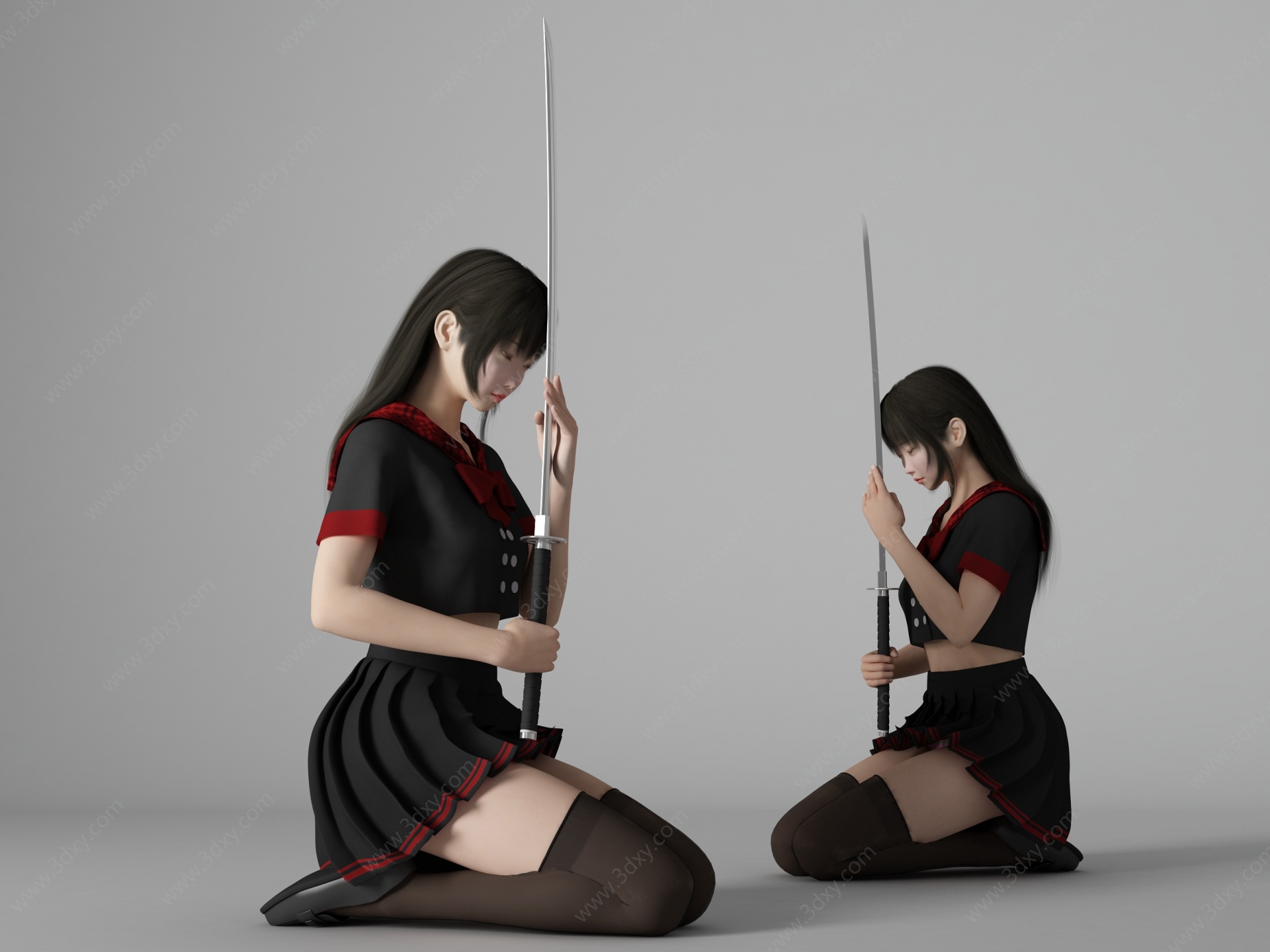 JK制服美女学生武士3D模型
