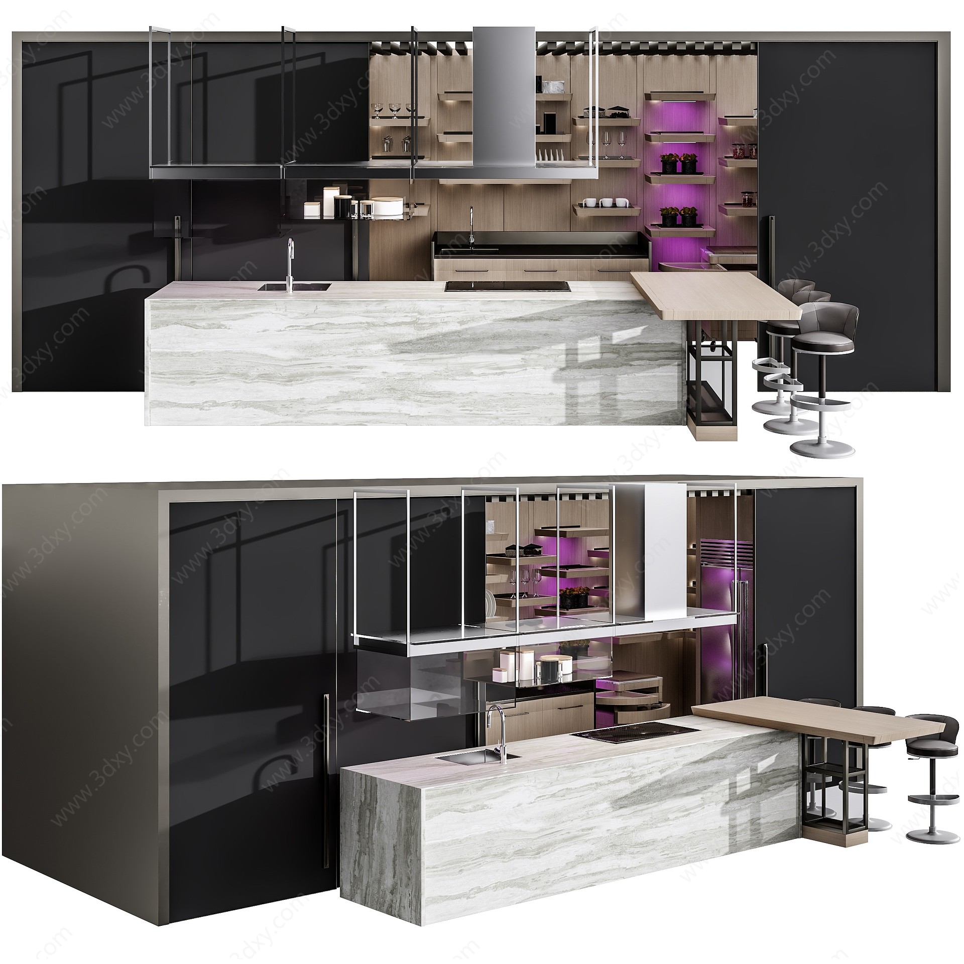 现代开放式厨房吧台橱柜3D模型