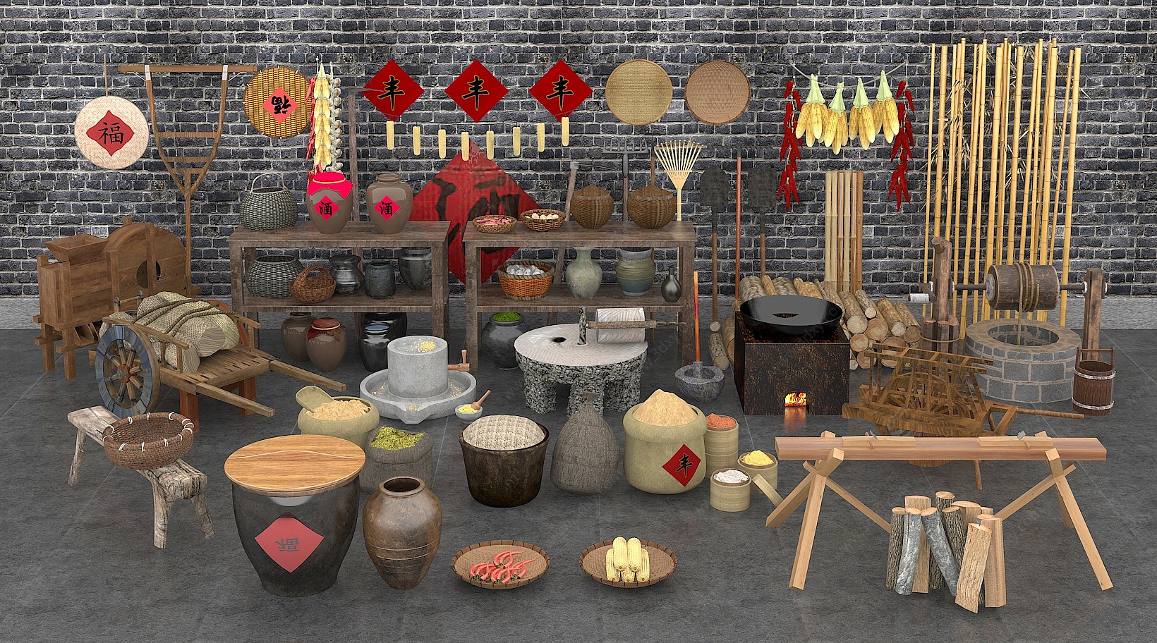 中式农具酒坛辣椒石磨粮食3D模型