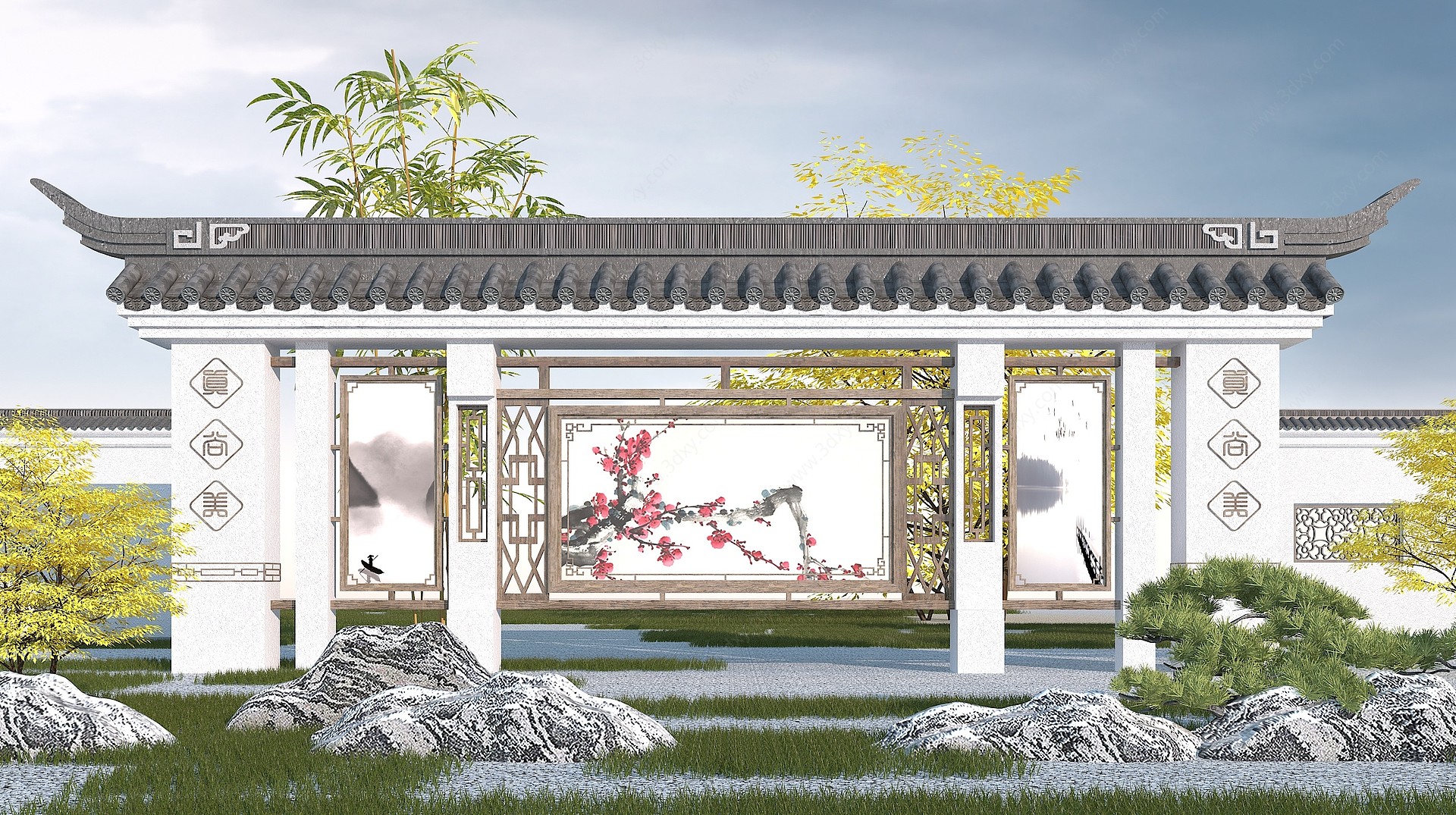 中式园林景观墙3D模型