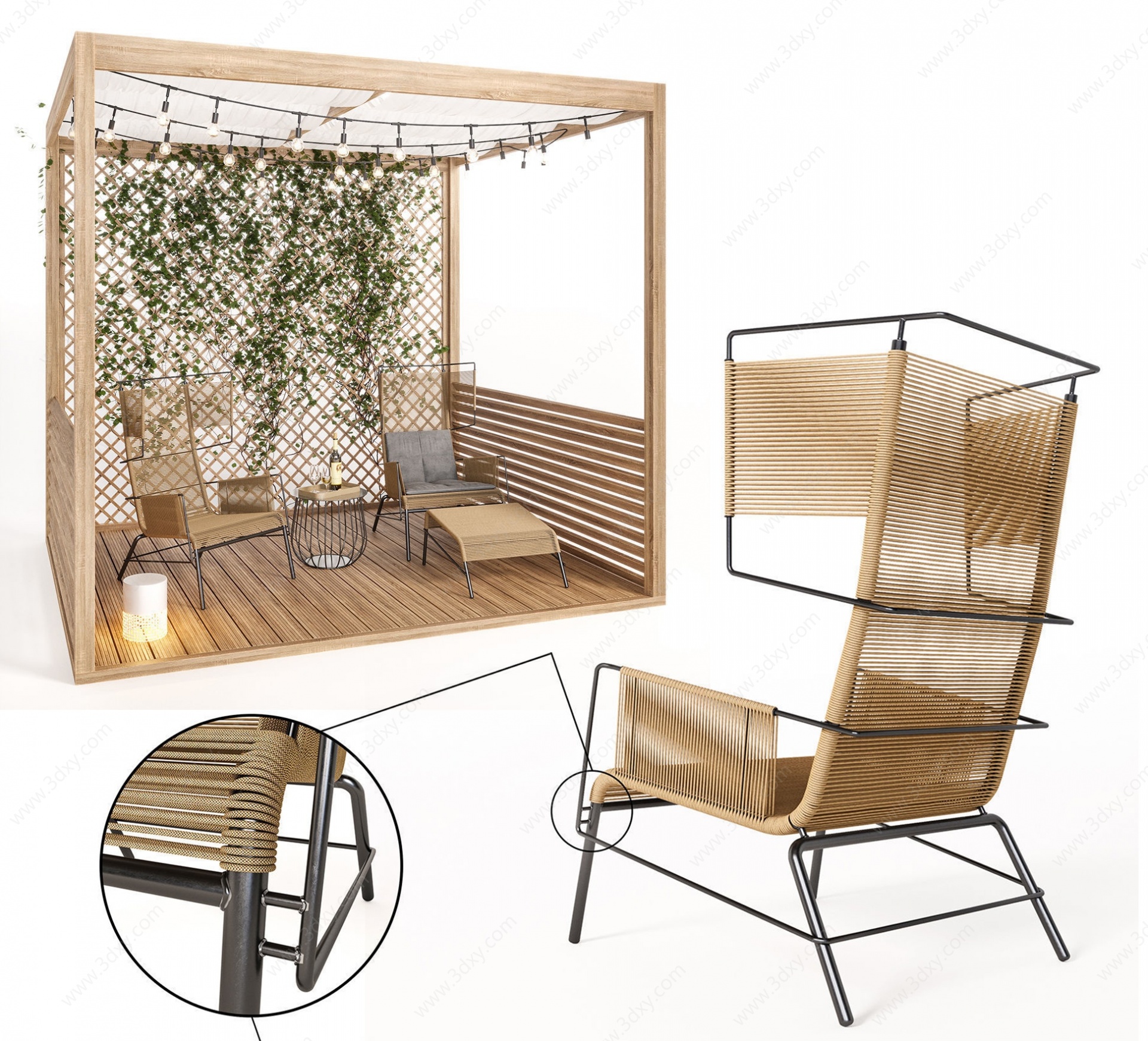 现代户外阳光棚藤编椅组合3D模型