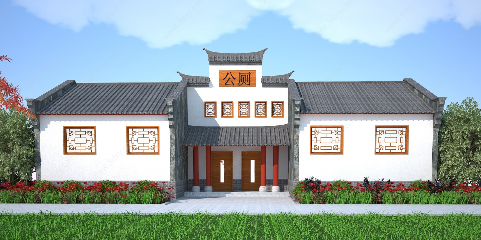 中式公厕建筑3D模型