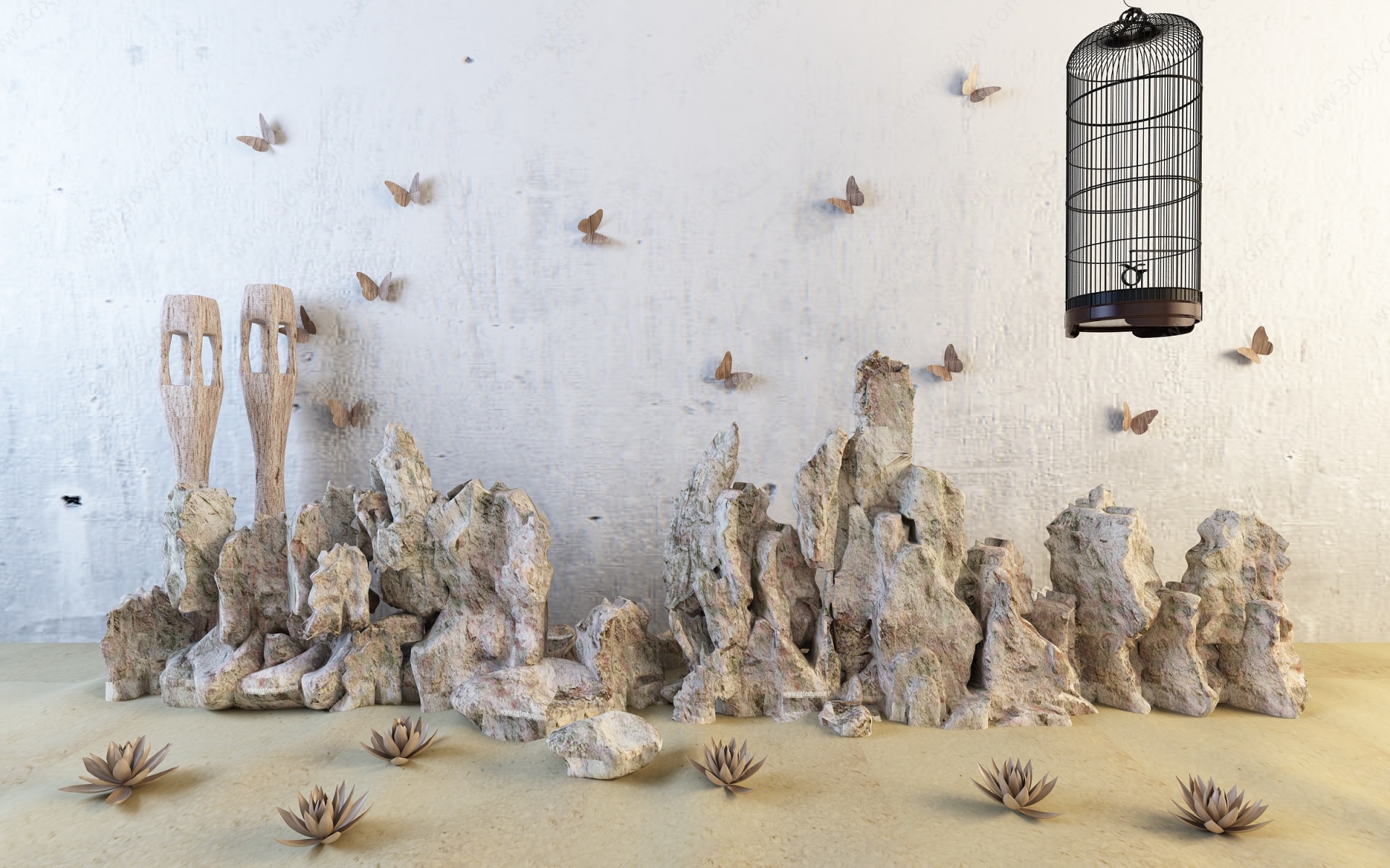 假山蝴蝶壁饰鸟笼景观摆件3D模型