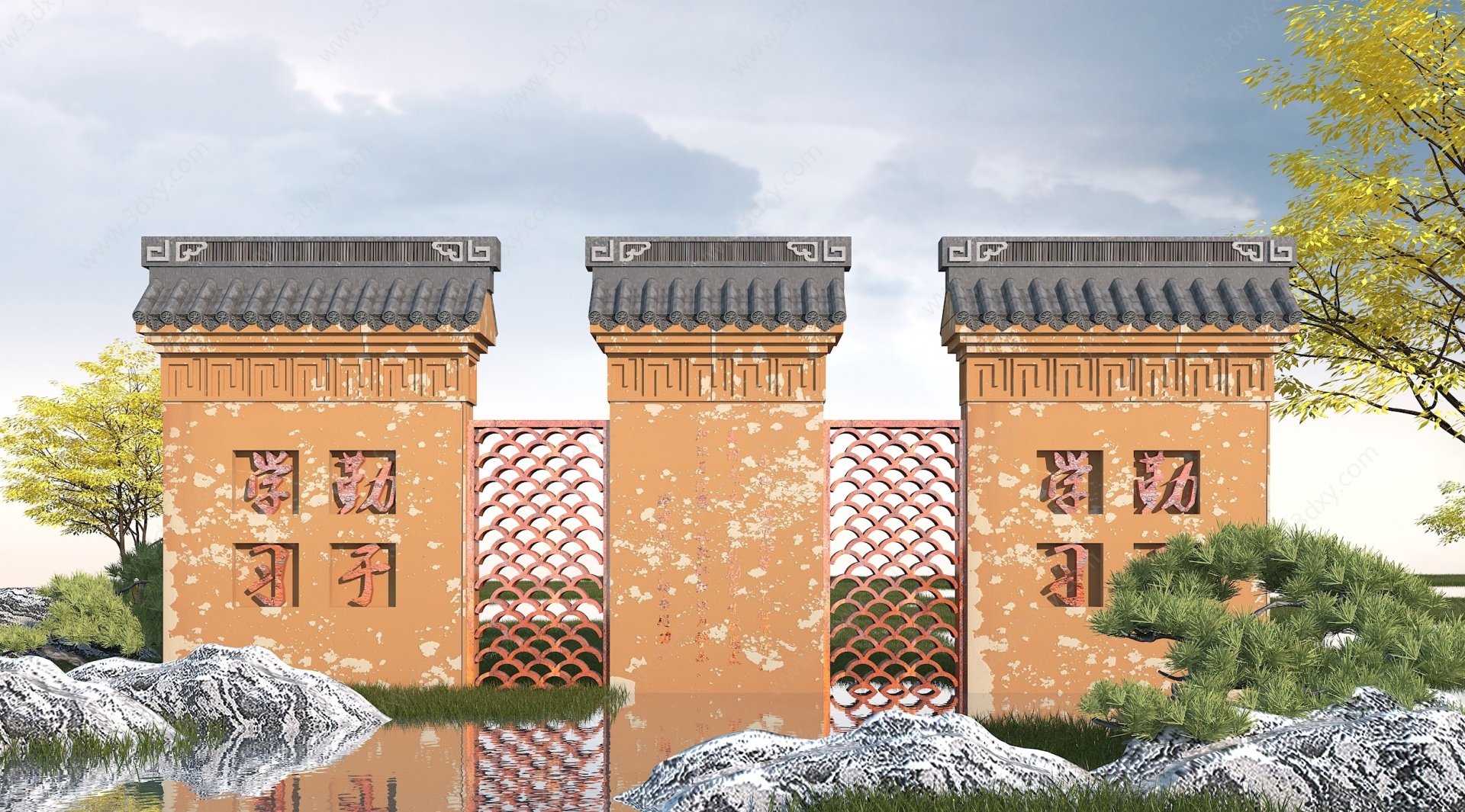 中式校园文化墙3D模型