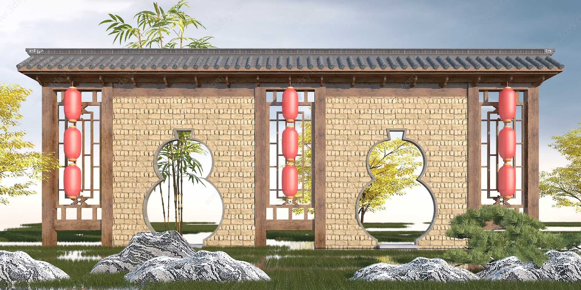 中式园林景观墙3D模型
