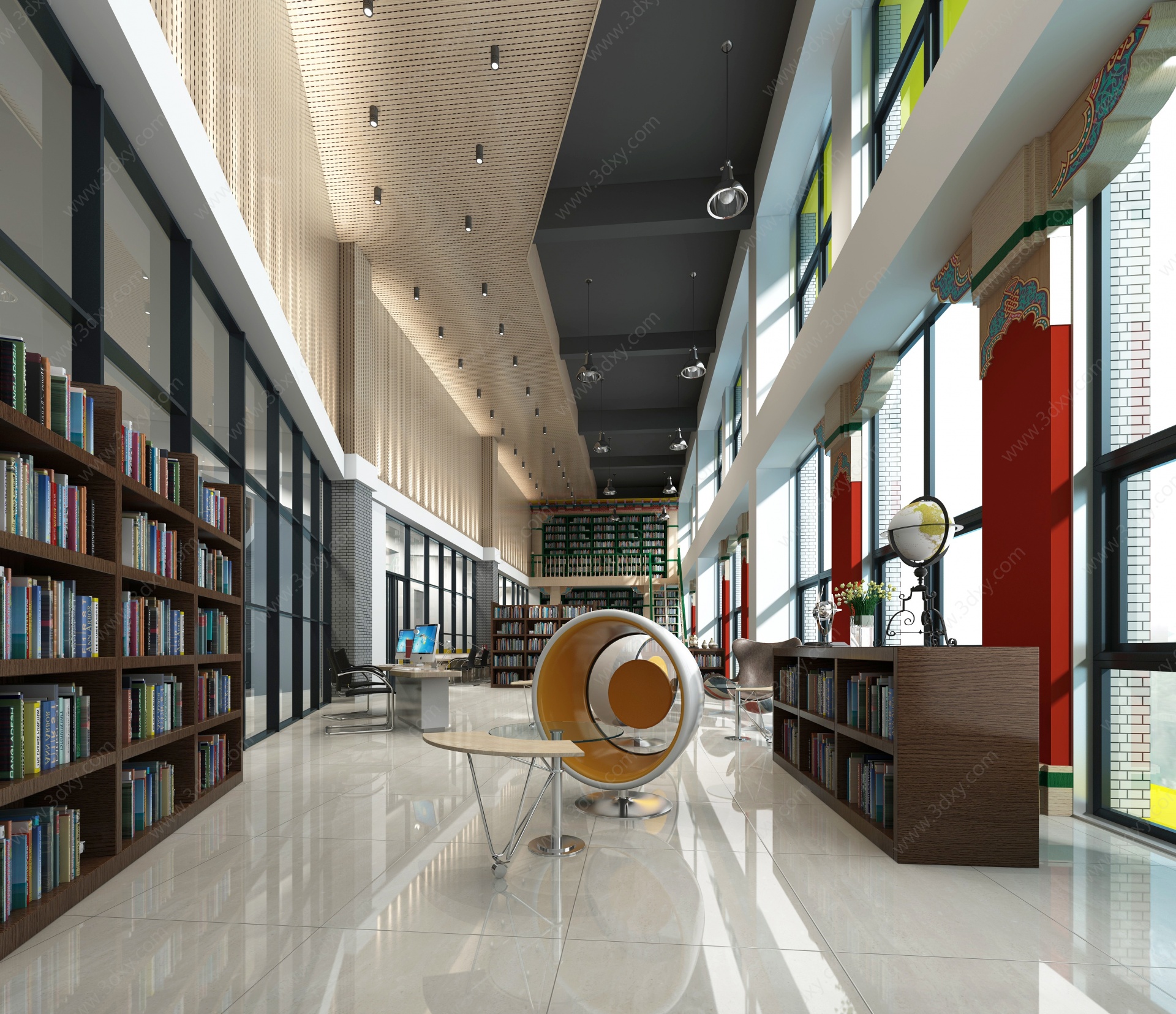 现代大型图书馆阅览室3D模型