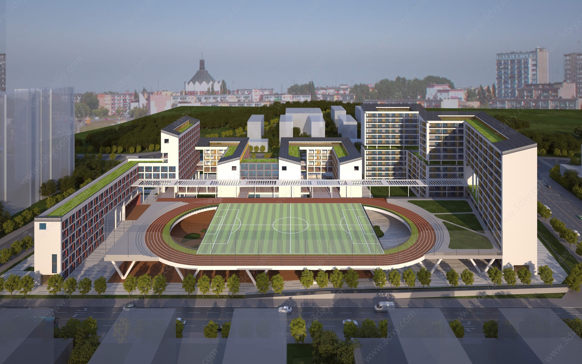 新中式学校鸟瞰图3D模型