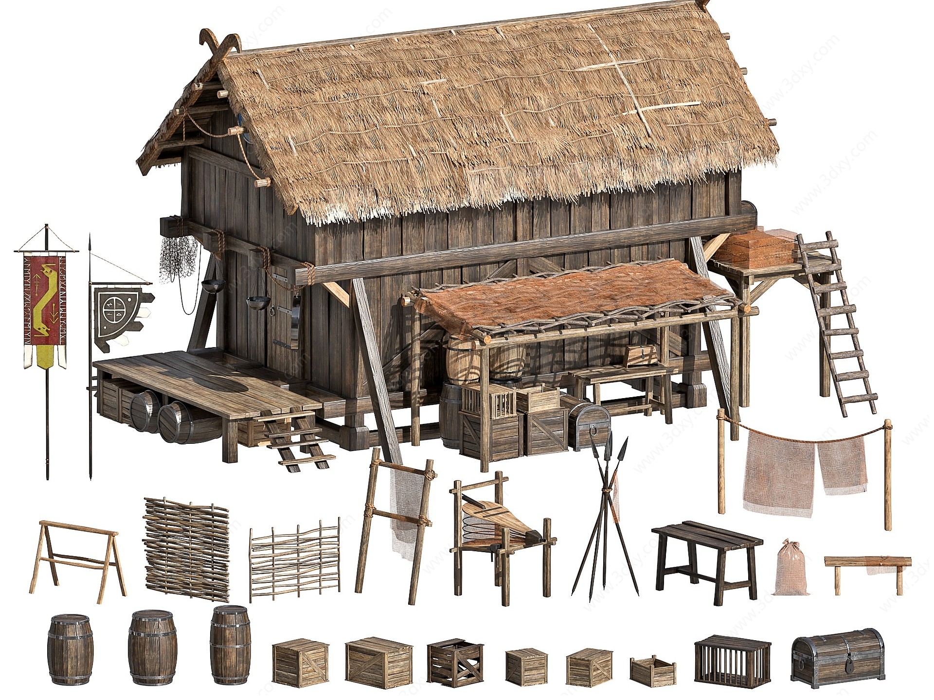 北欧古建筑茅草屋3D模型
