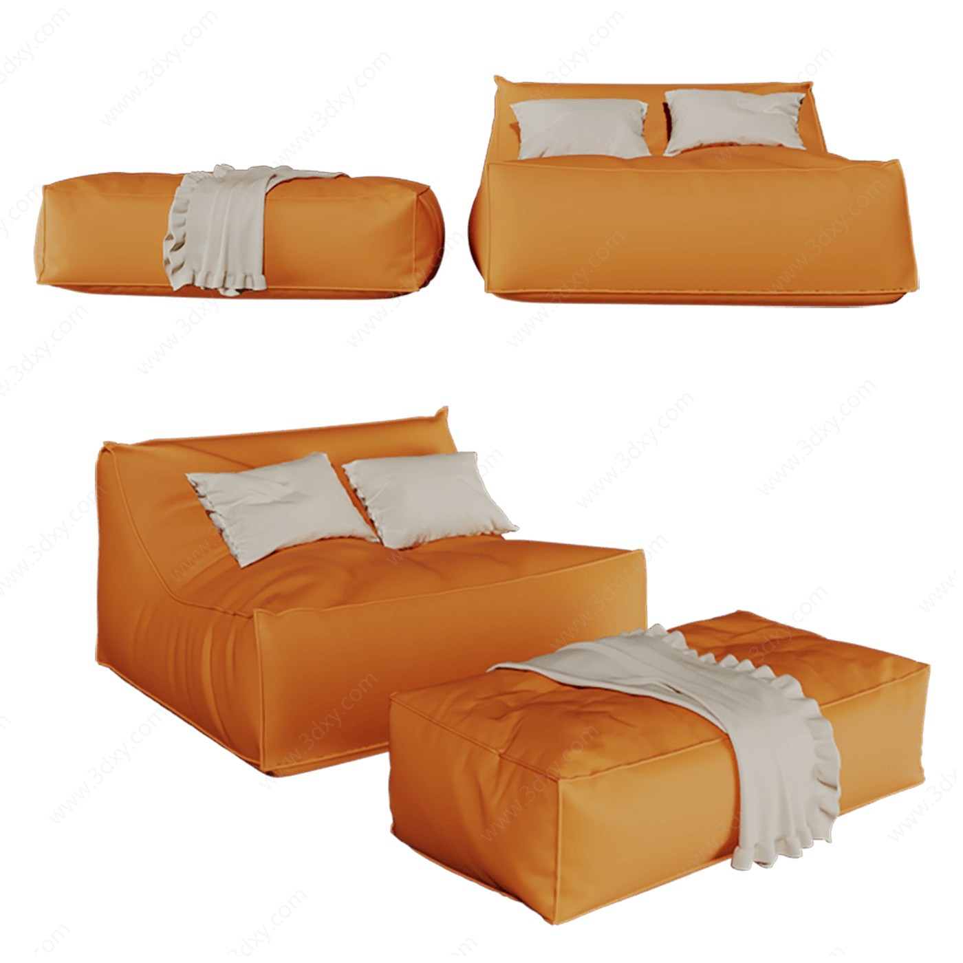 北欧橙色皮革懒人沙发3D模型