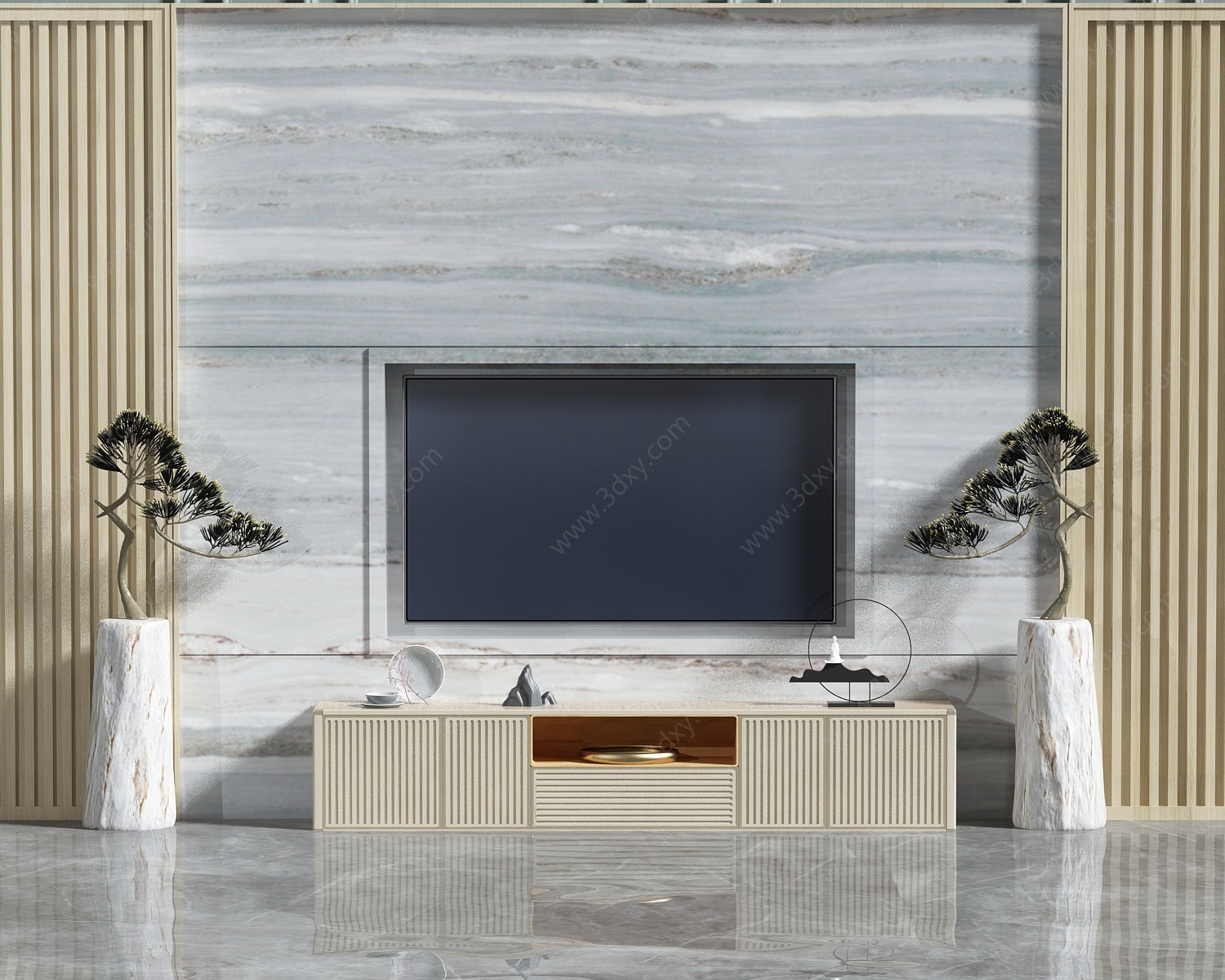 新中式电视背景墙3D模型