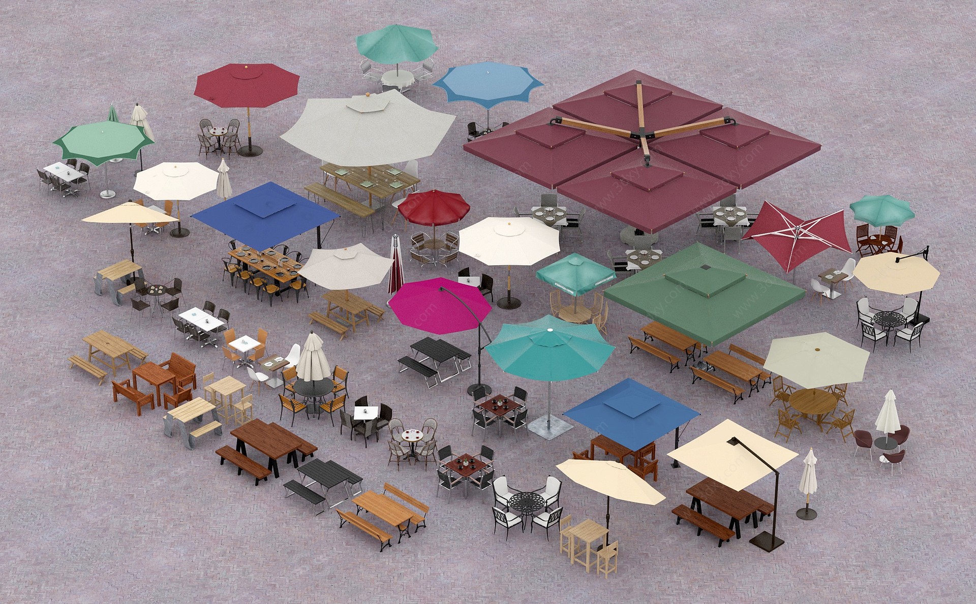 现代遮阳伞户外桌椅3D模型