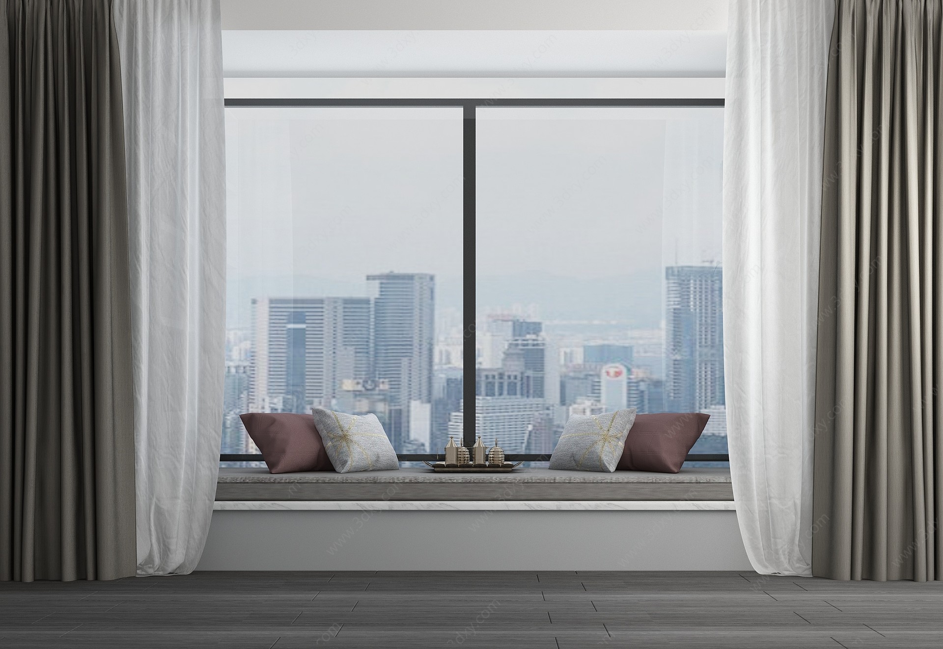 现代飘窗休息区窗帘组合3D模型