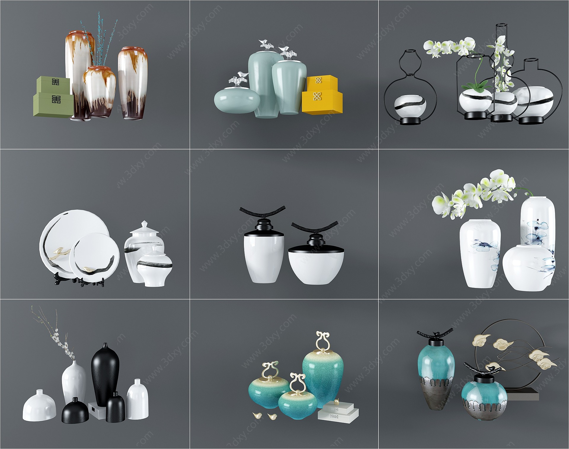 新中式陶瓷罐器皿摆件组合3D模型