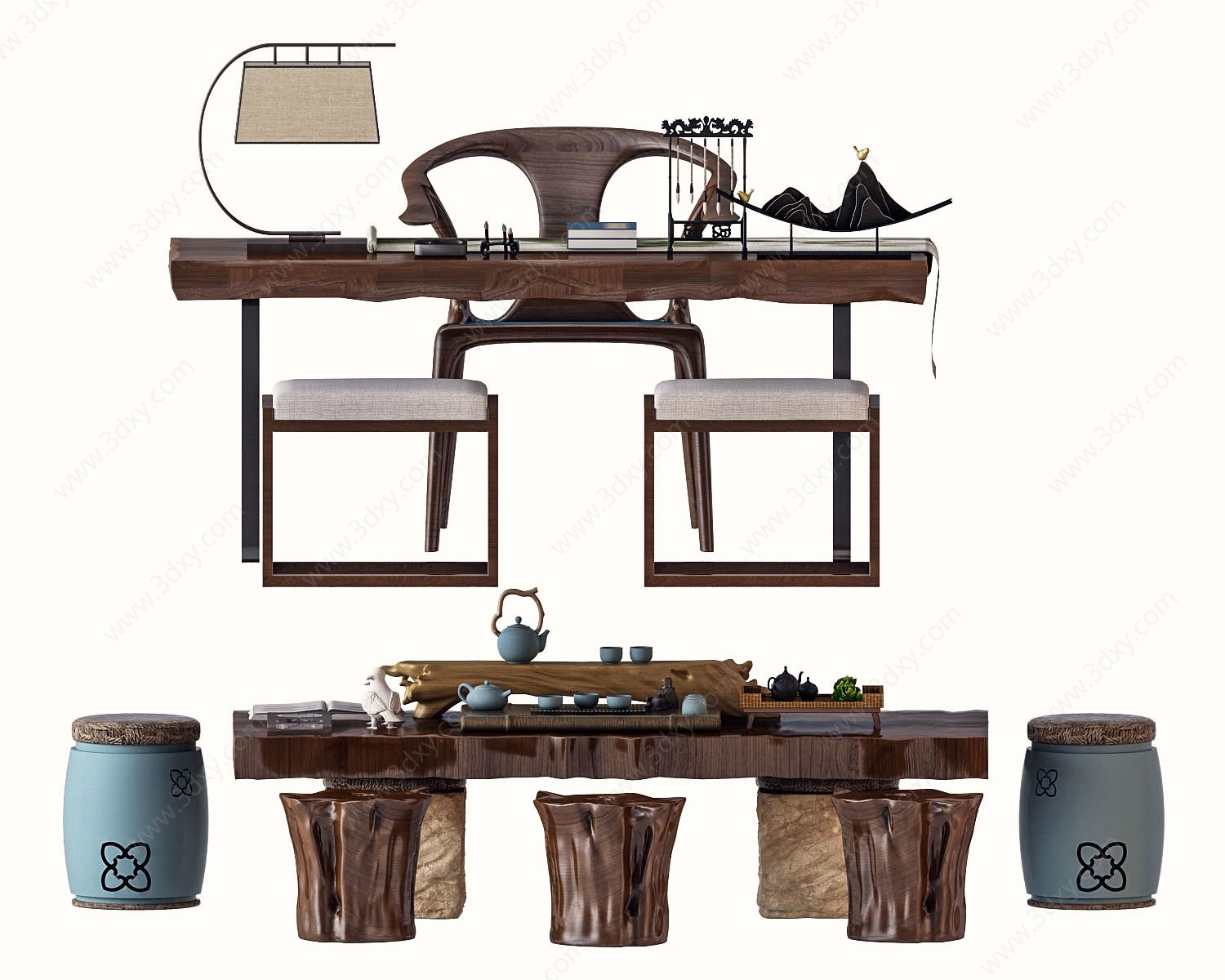 中式书桌茶桌椅组合3D模型