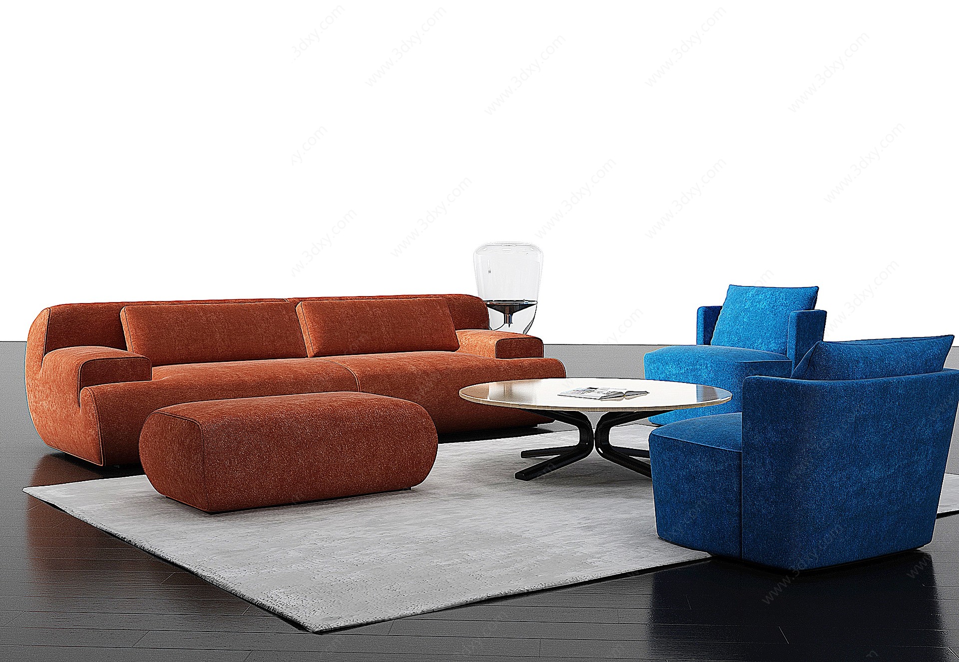 现代橙色绒布沙发组合3D模型