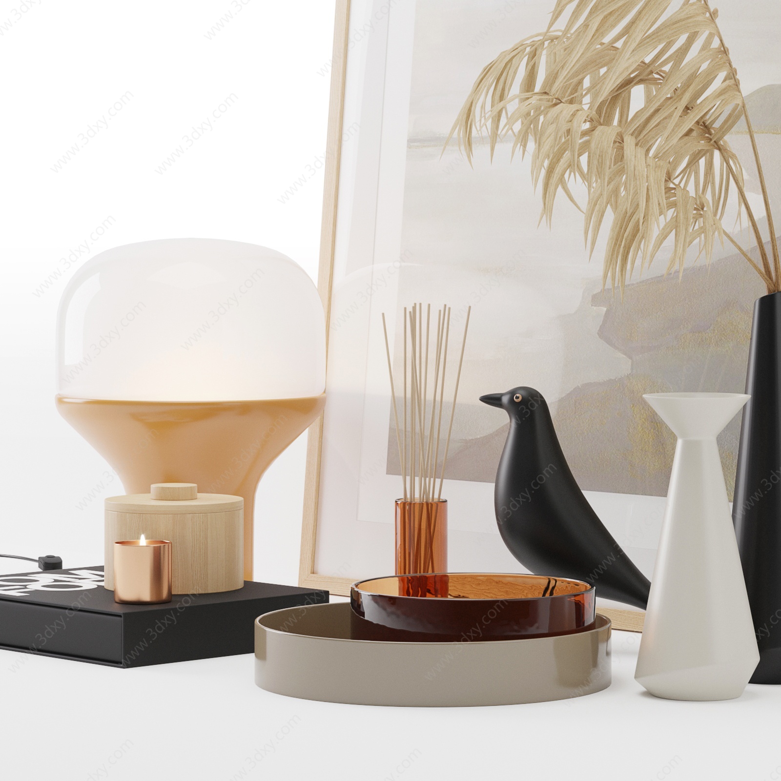 现代桌面摆件台灯小鸟组合3D模型