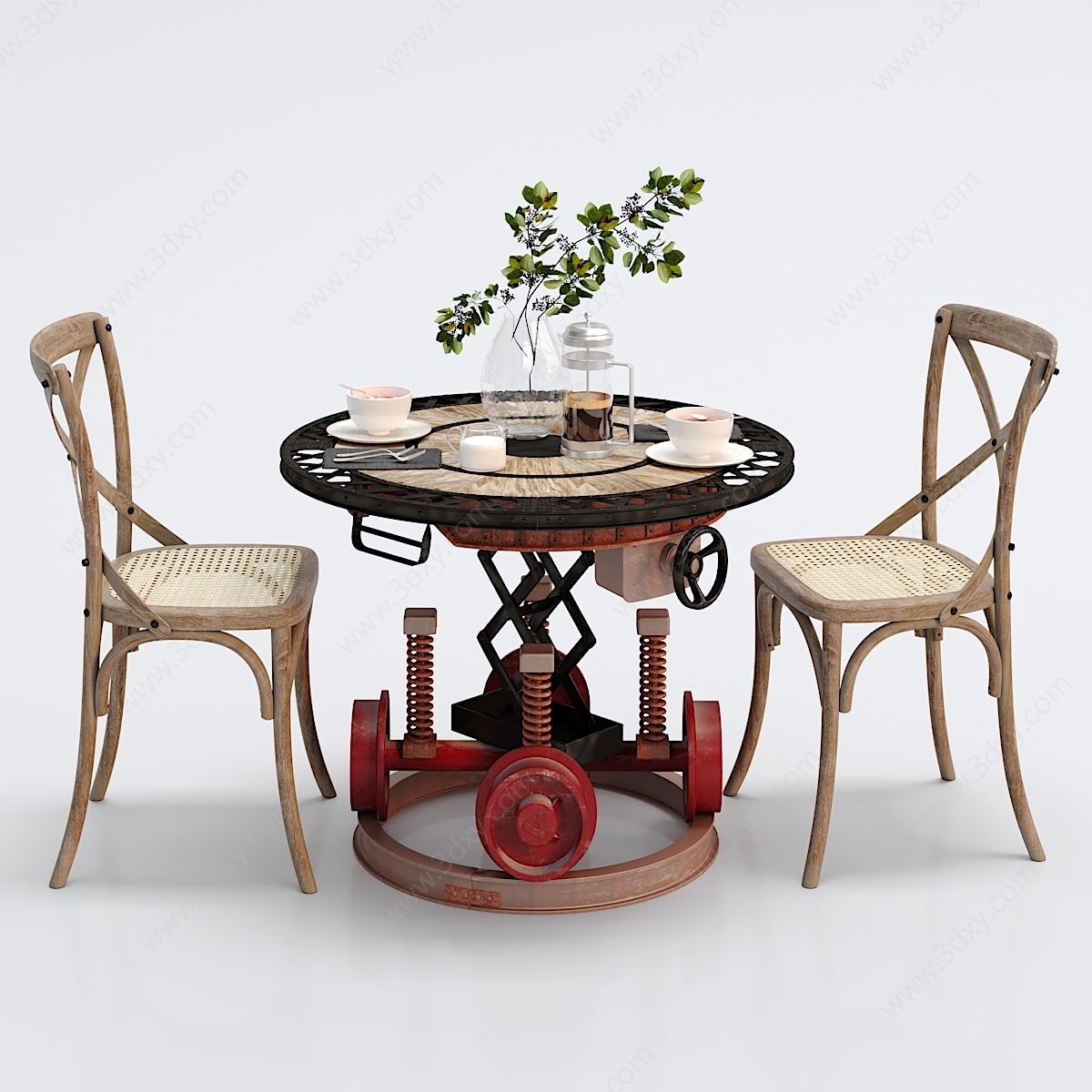 工业风餐桌椅子摆件组合3D模型