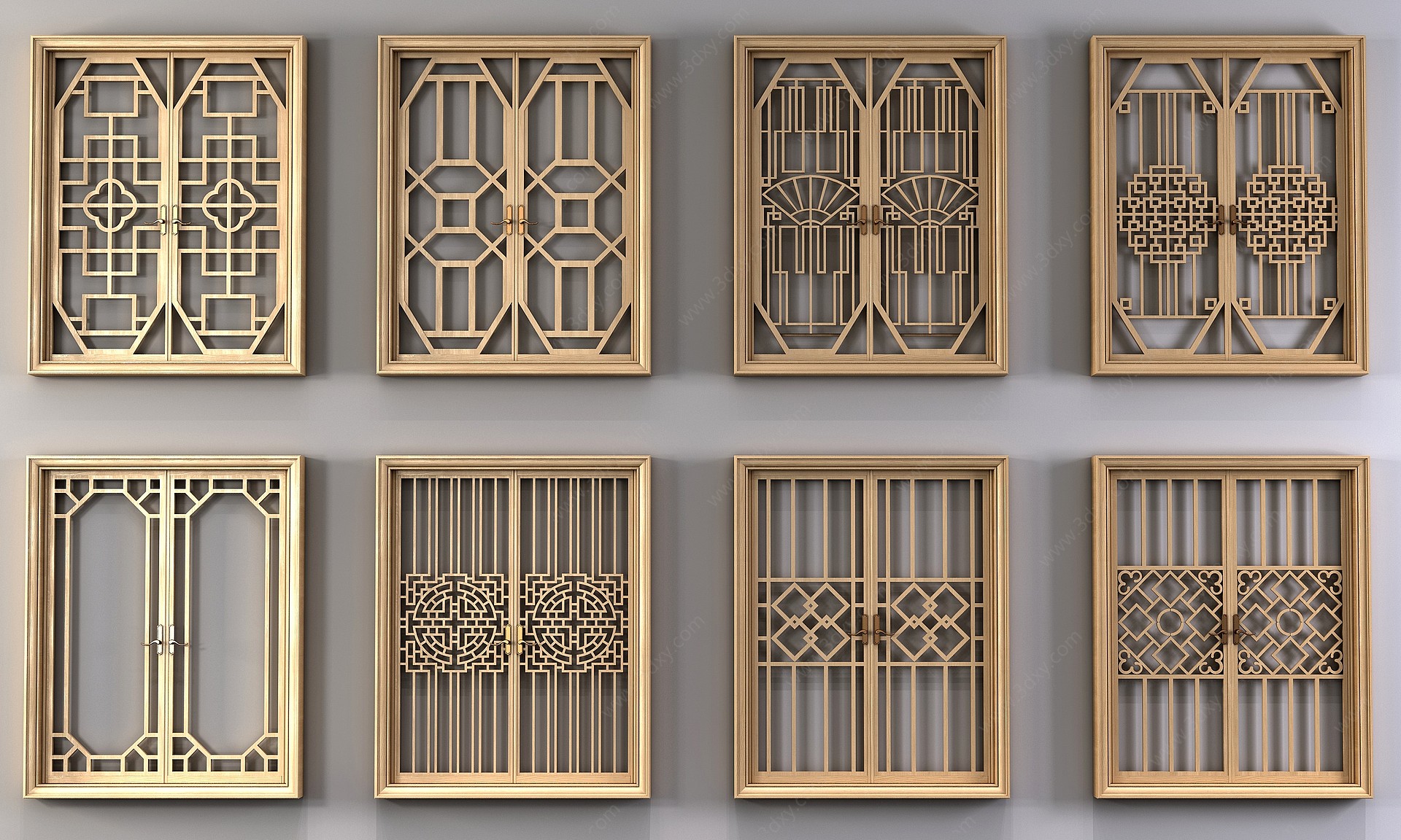 中式雕花构件窗户组合3D模型