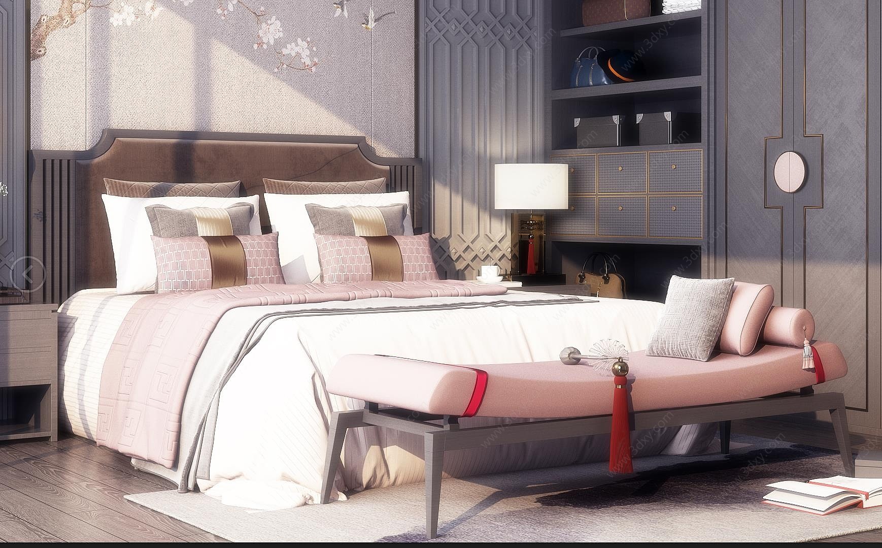 新中式卧室床具组合3D模型