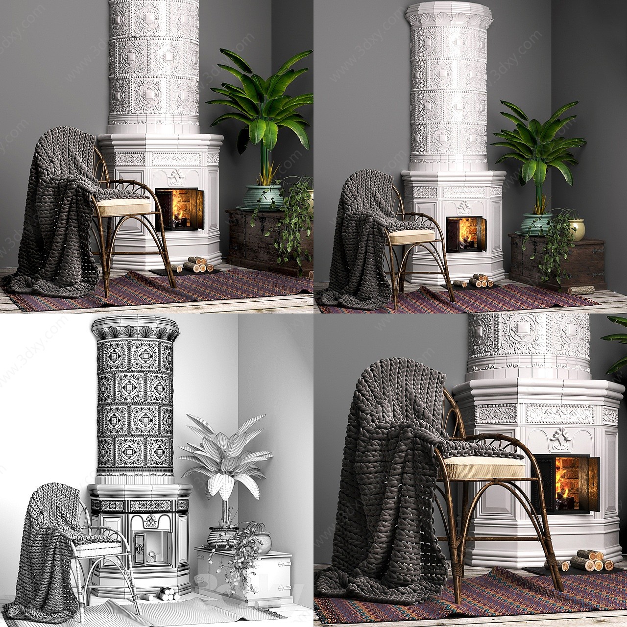 简欧壁炉木材盆栽植物椅子3D模型