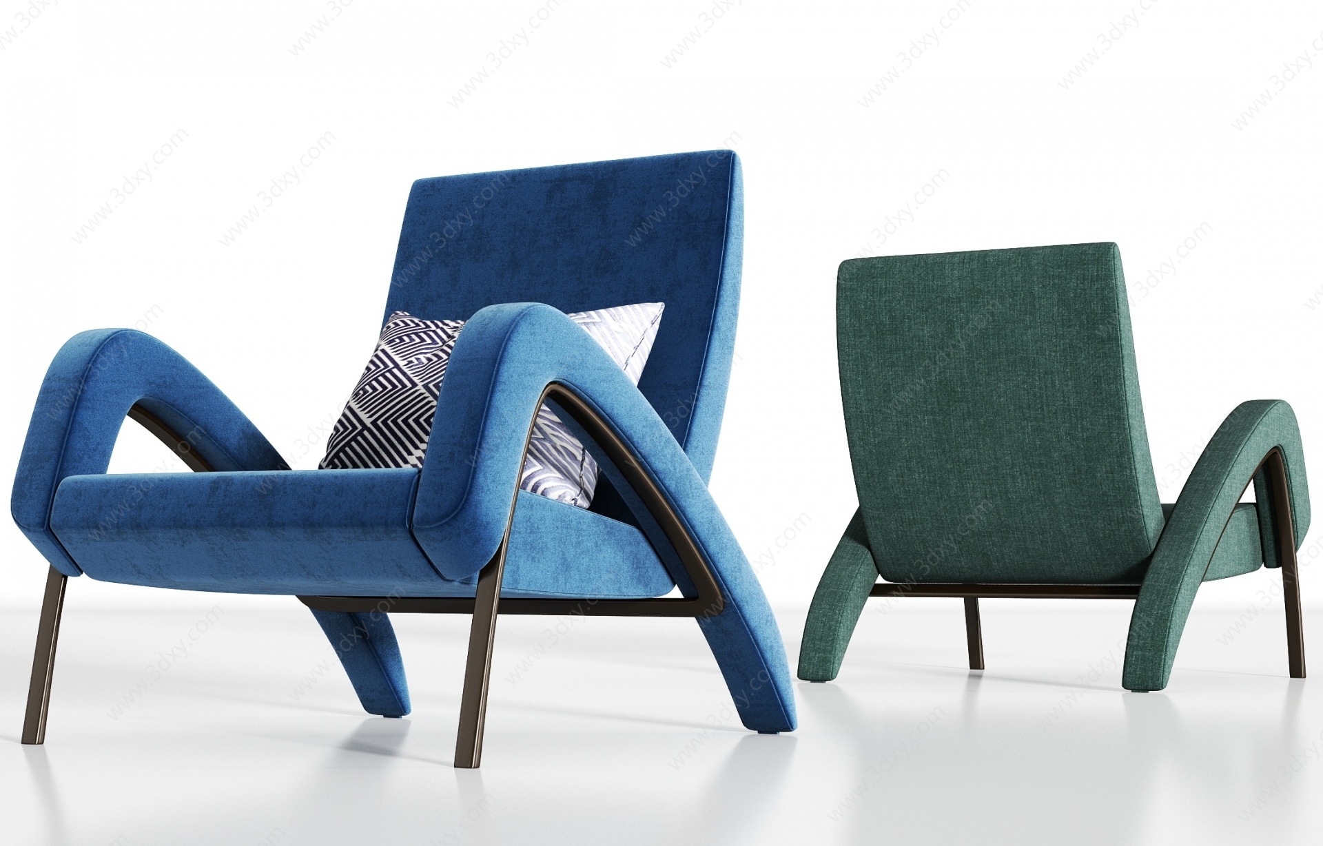 现代金属轻奢绒布单椅组合3D模型