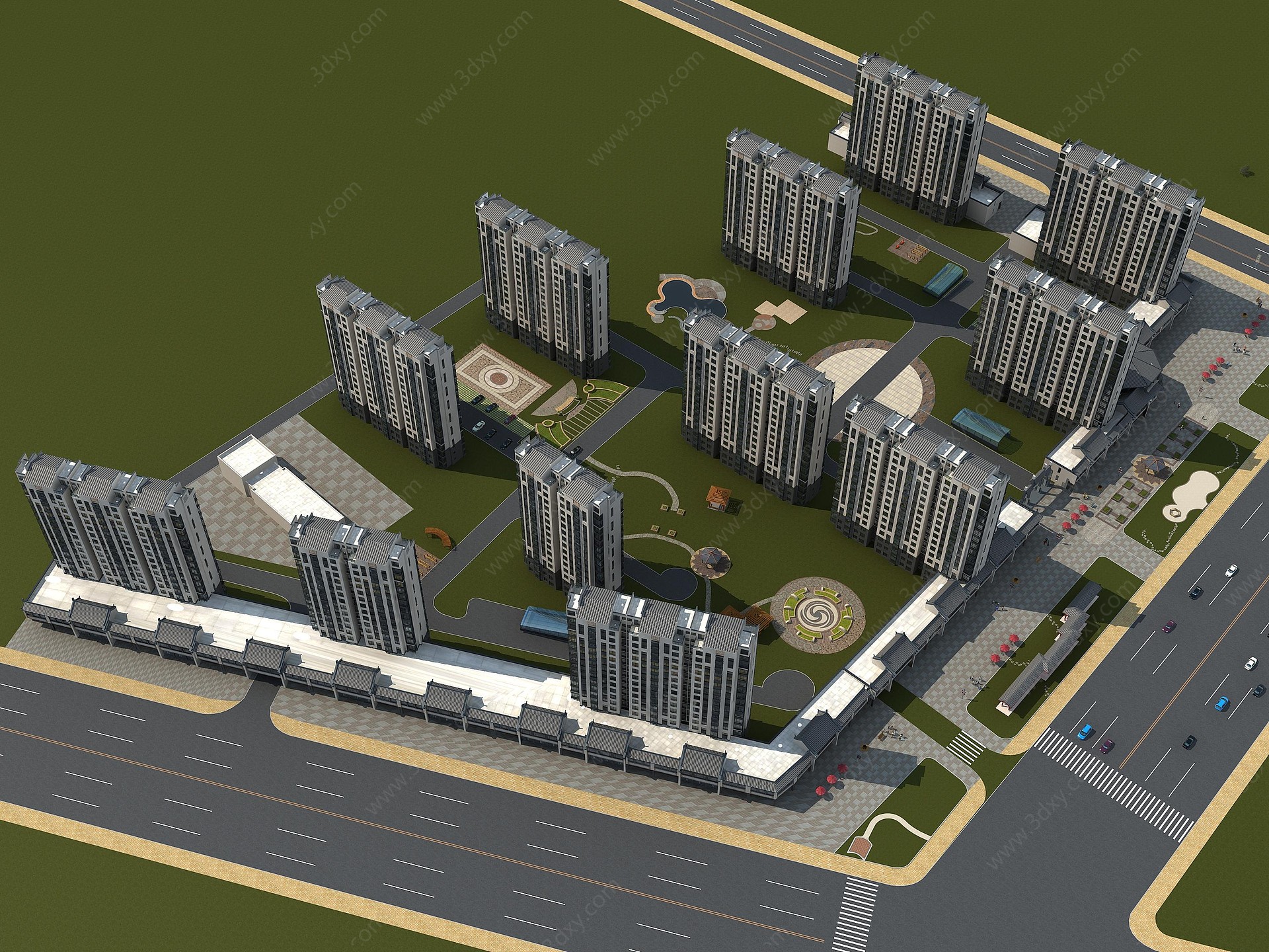 中式古建鸟瞰住宅楼规划3D模型