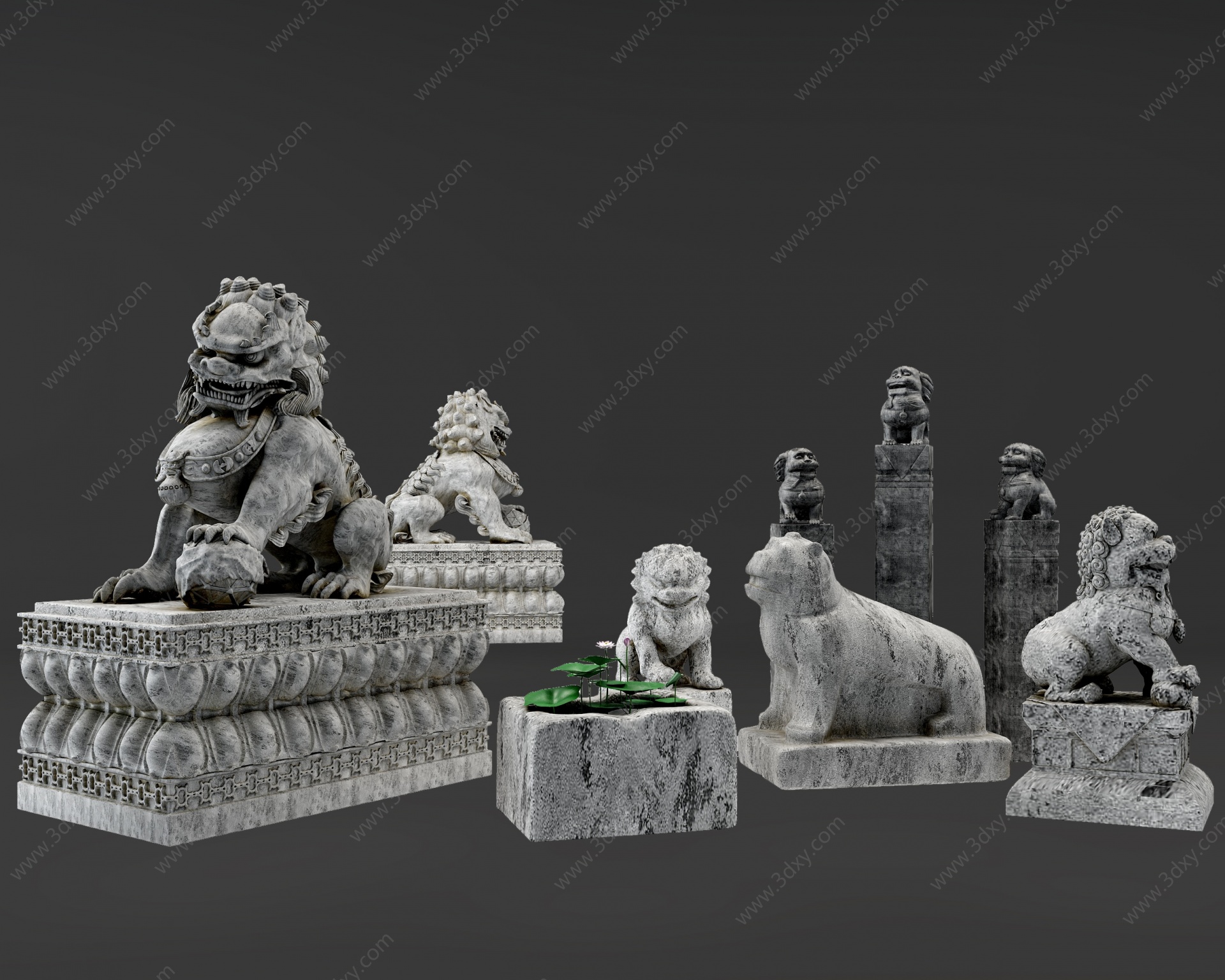 中式石狮子雕塑3D模型