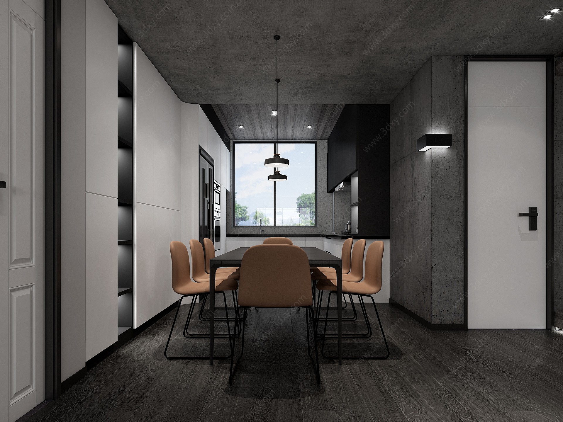 现代极简轻奢黑白灰客餐厅3D模型