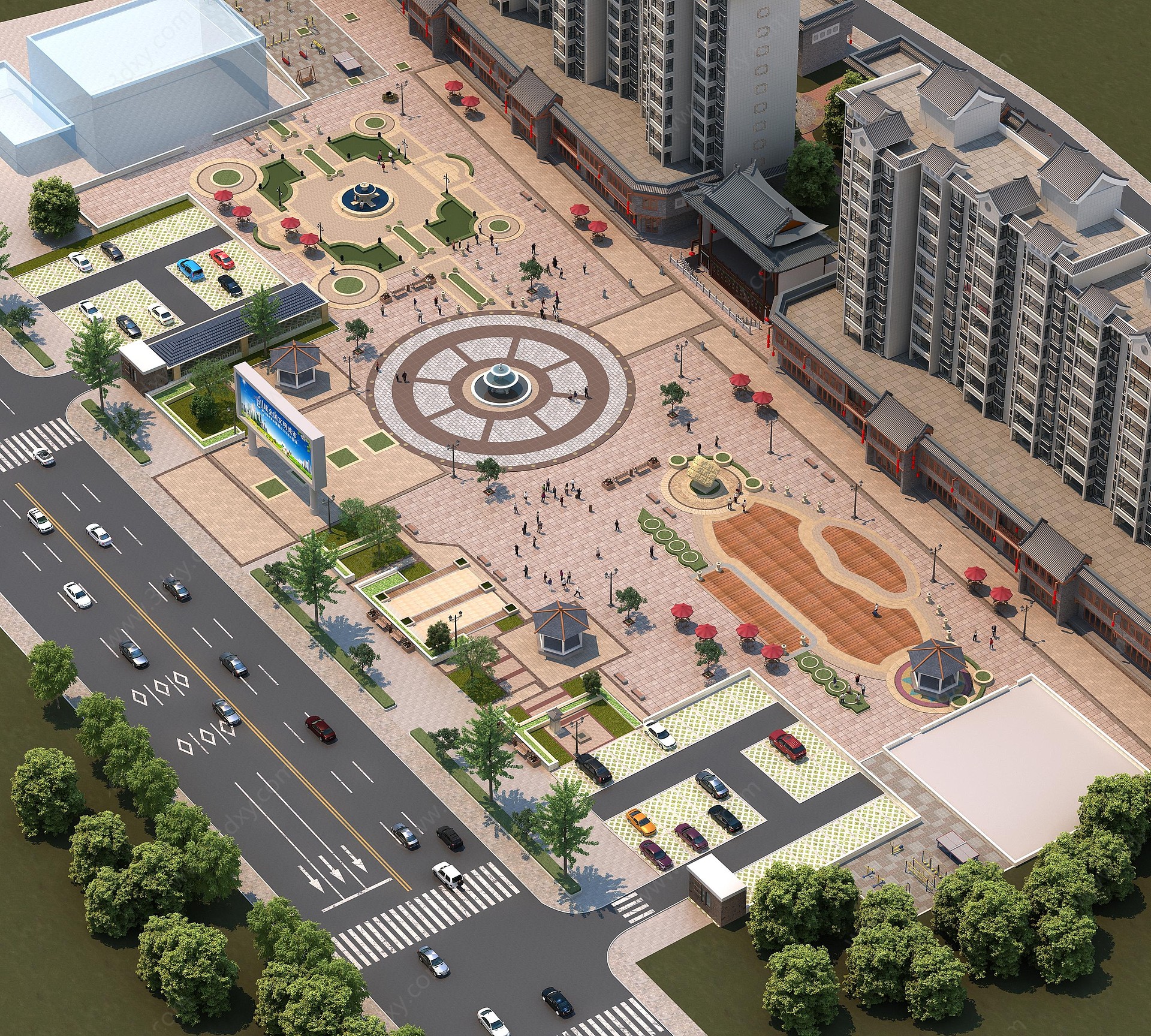 中式广场景观花园3D模型