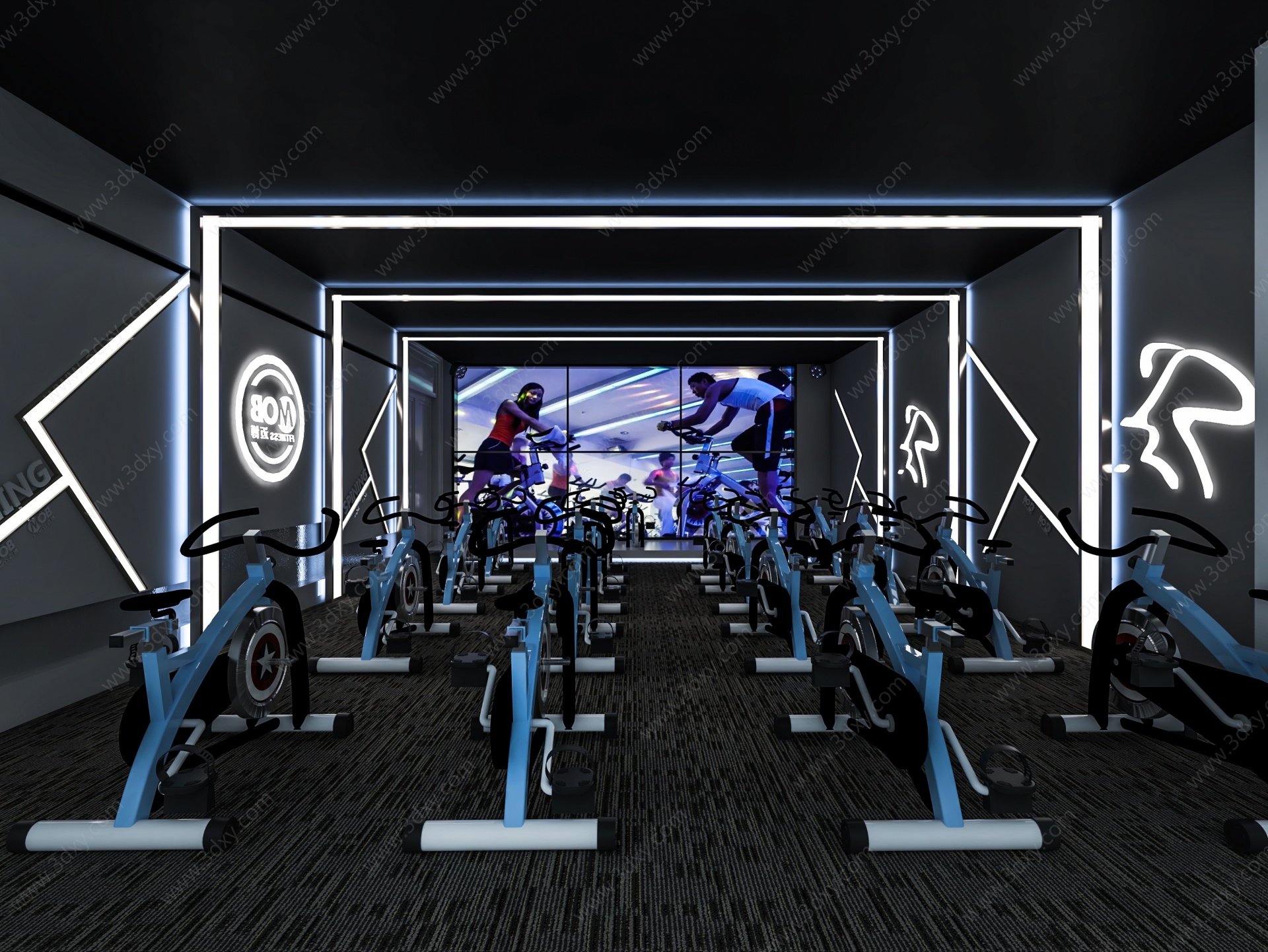 现代健身房动感单车室3D模型