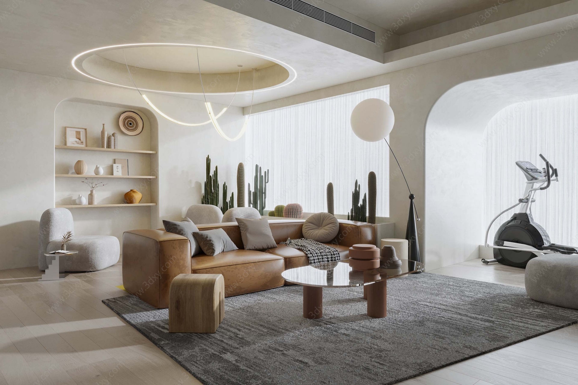 侘寂客厅绿植真皮沙发3D模型