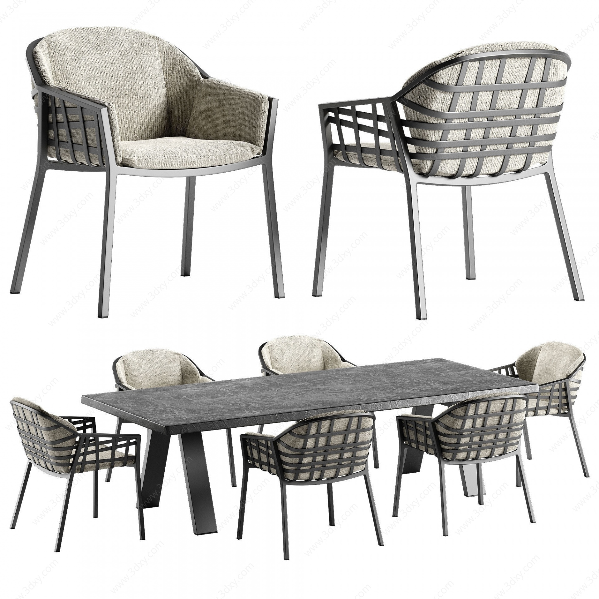 现代藤编椅子方形餐桌组合3D模型