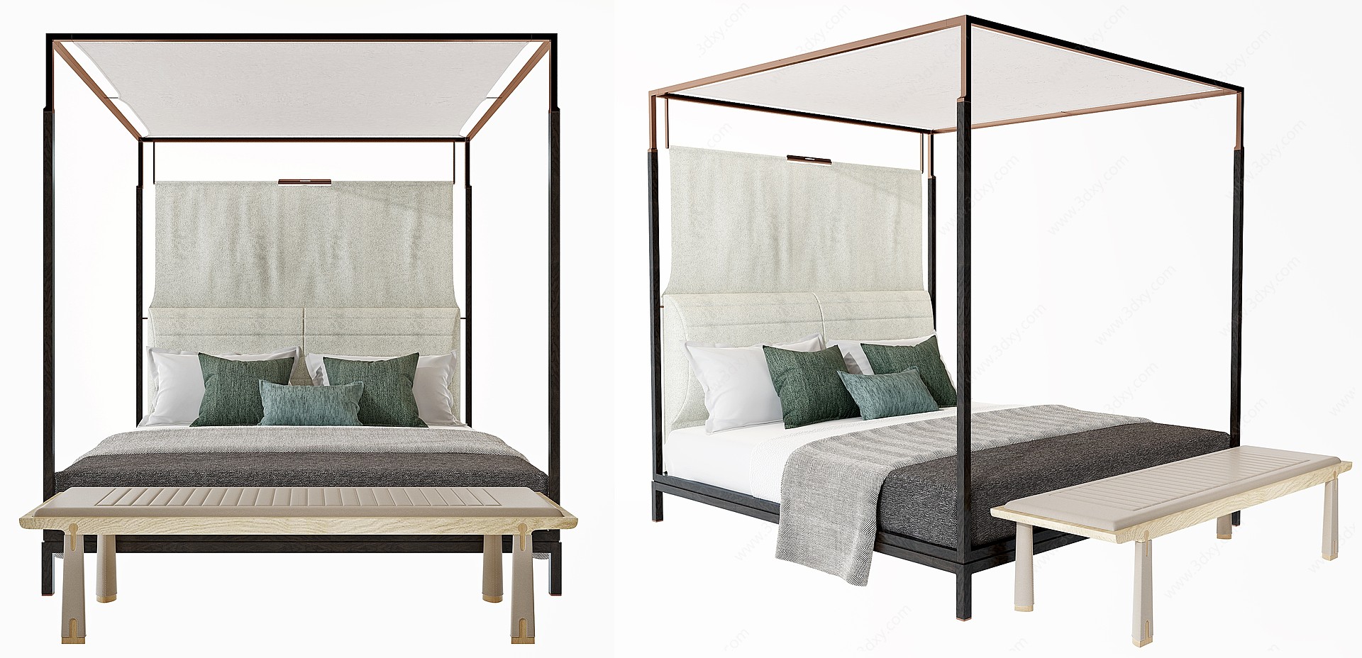 新中式木架子双人床3D模型