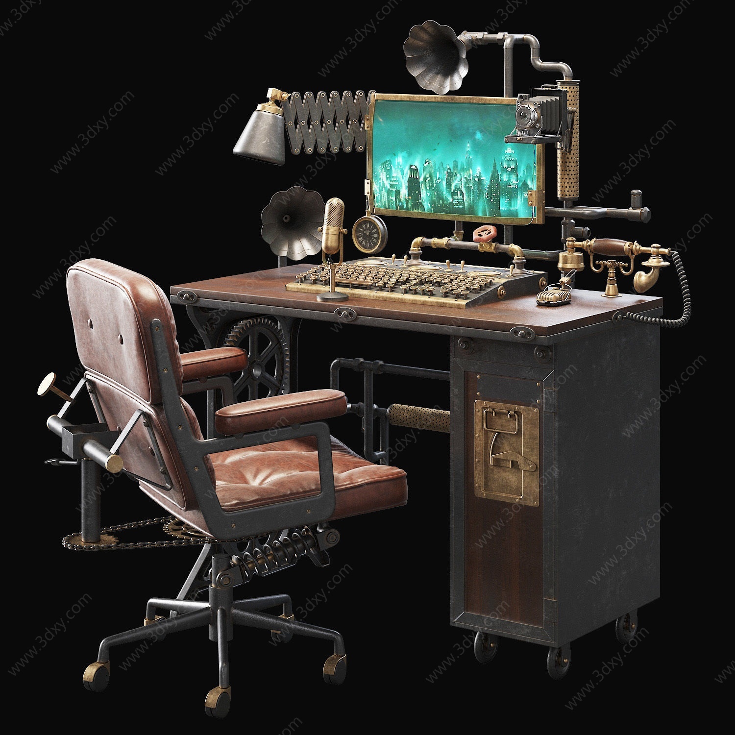 工业朋克风复古办公桌椅3D模型