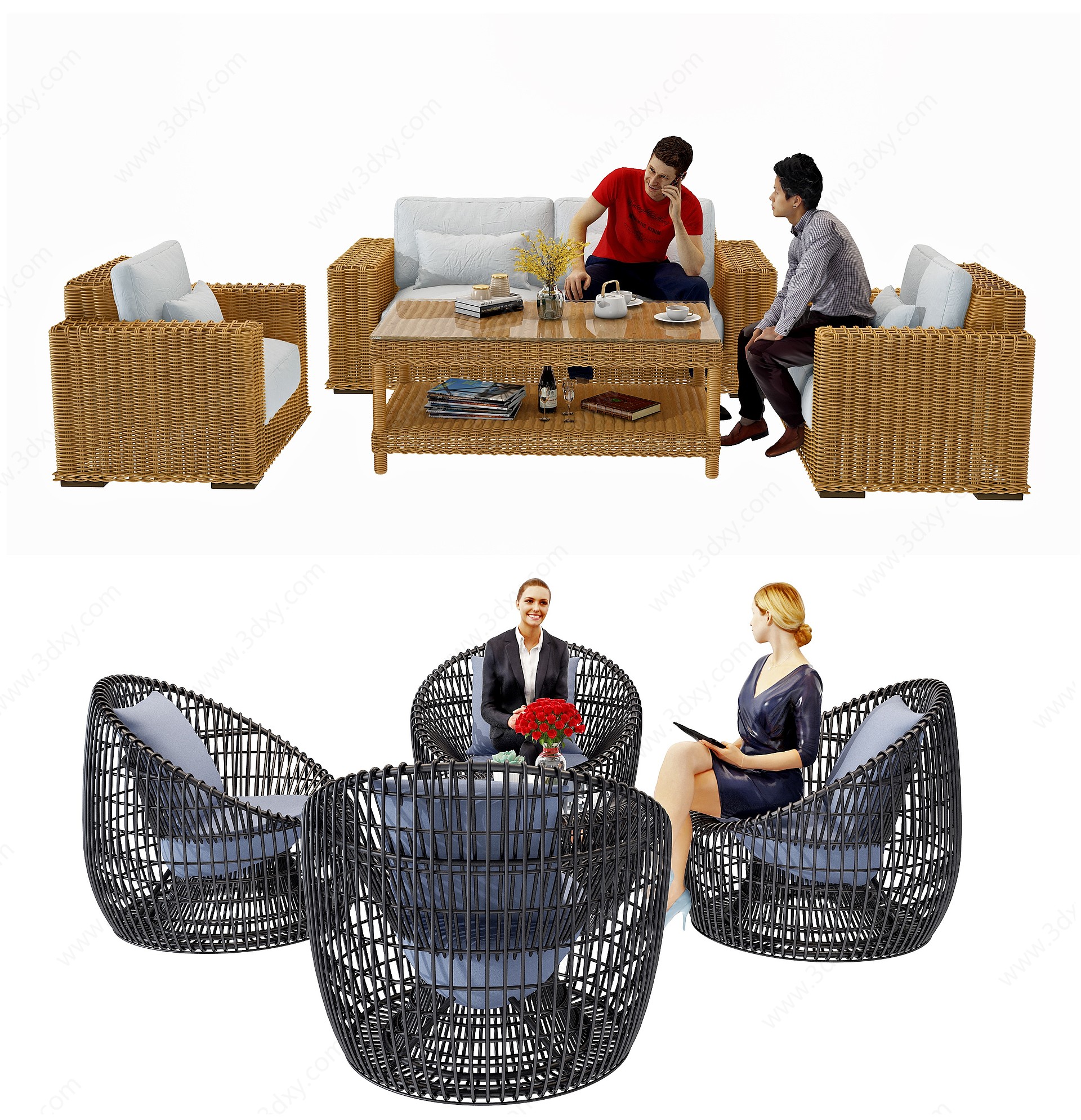 美式藤编户外沙发组合3D模型