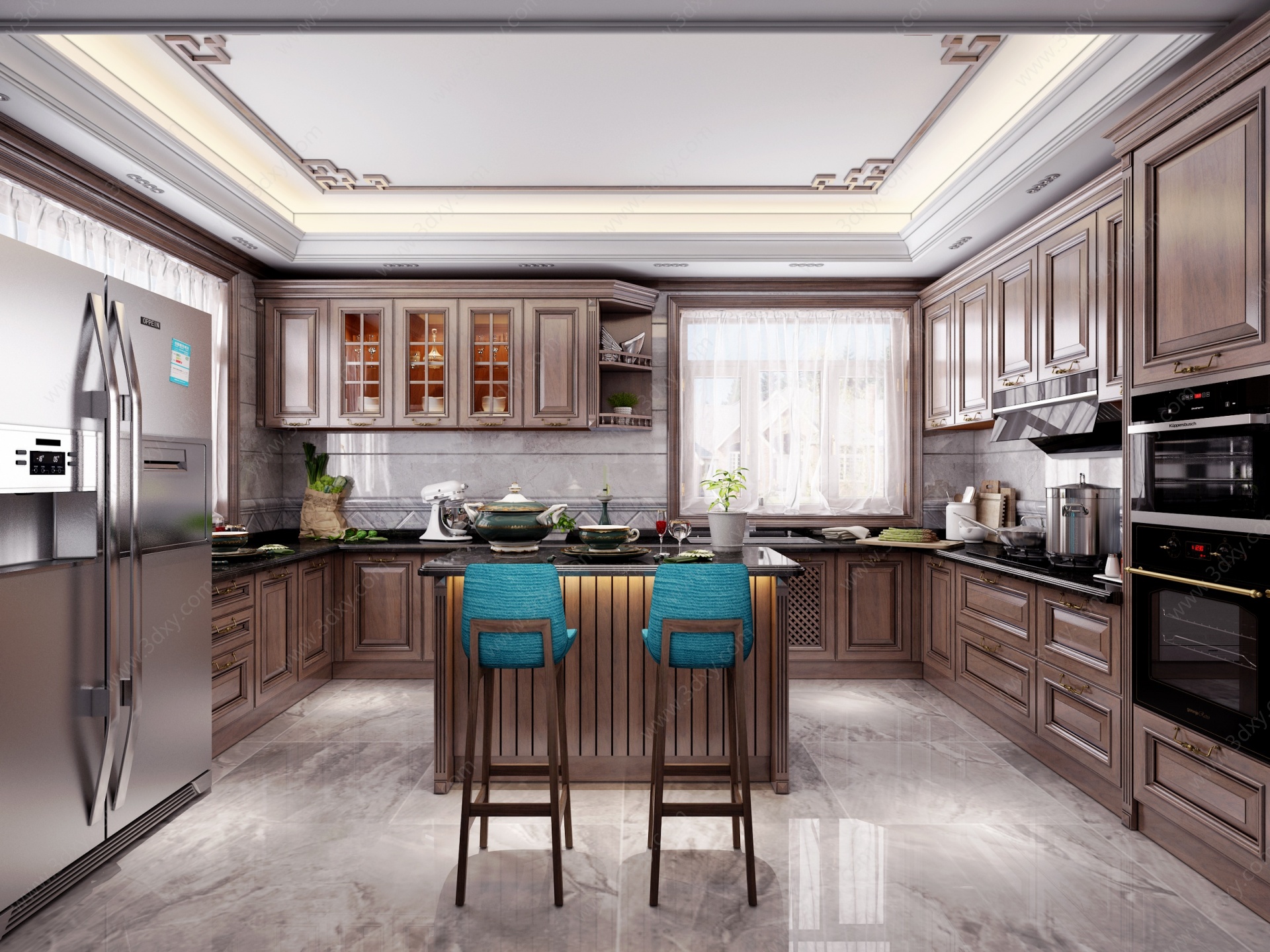 新中式吧台厨房3D模型