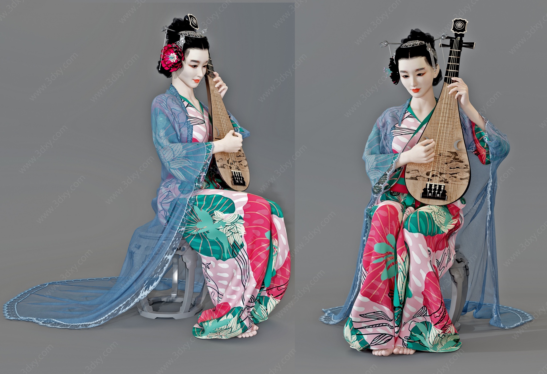 中式琵琶古装美女人物3D模型