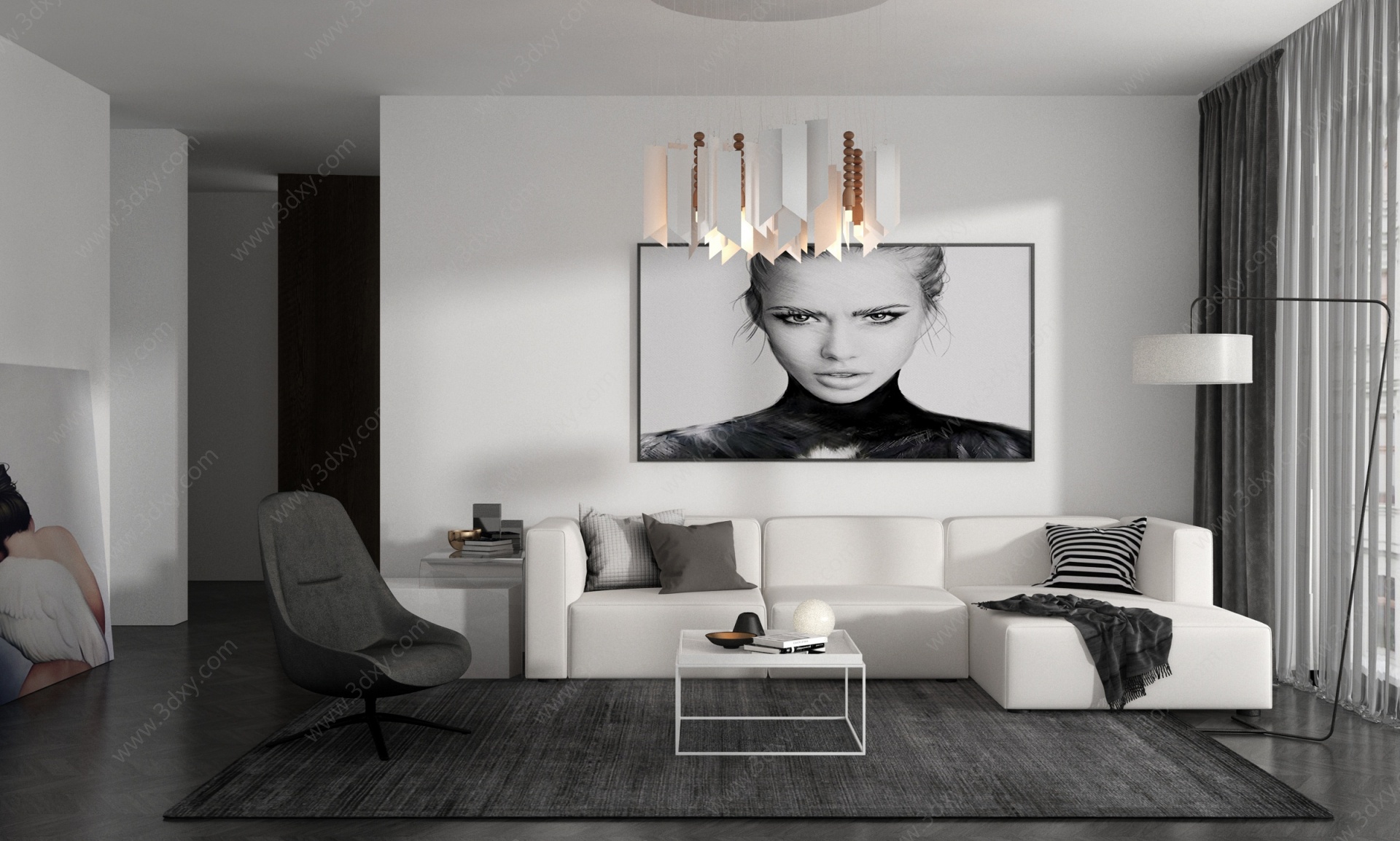 现代客厅现代沙发组合吊灯3D模型