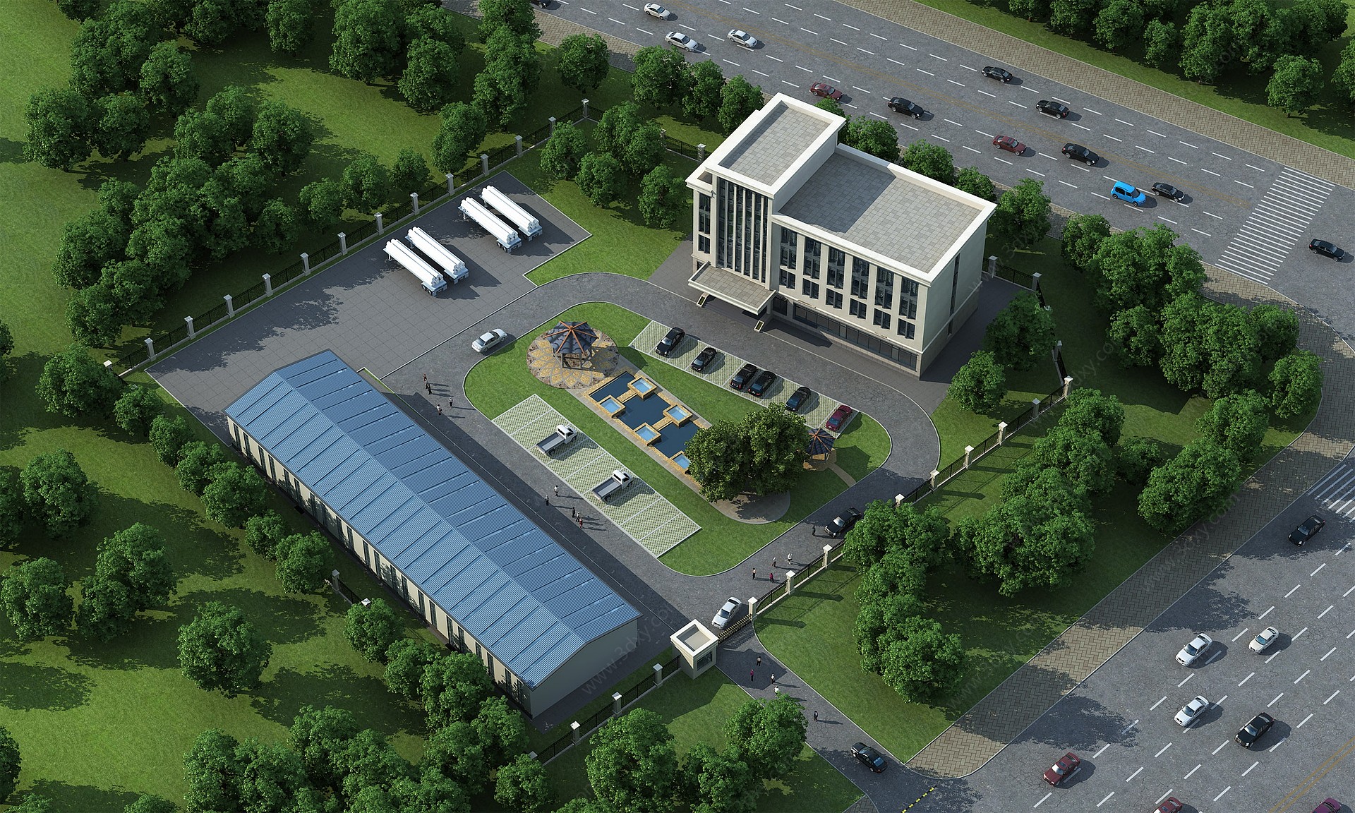 现代厂房办公楼鸟瞰3D模型
