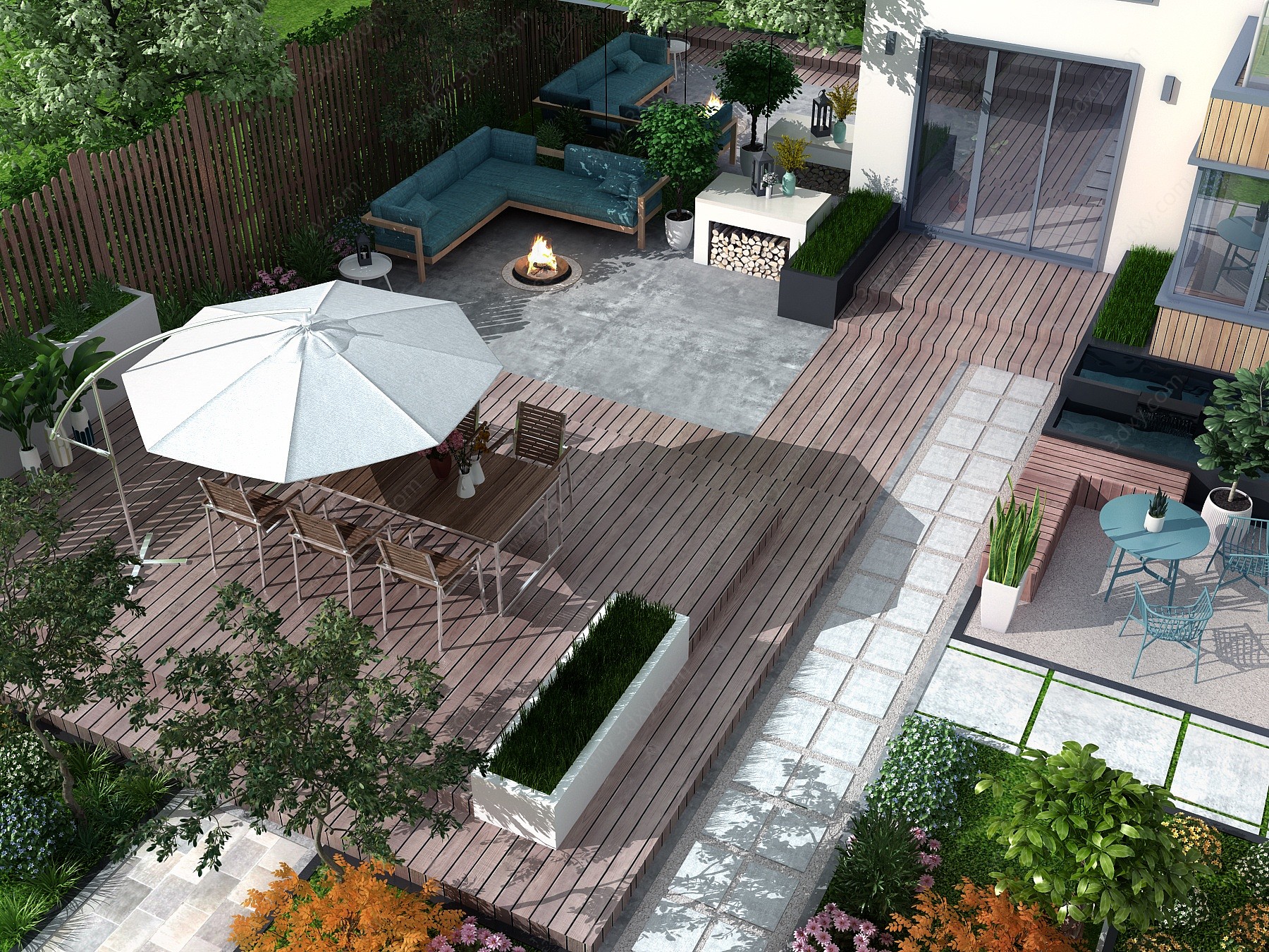 现代别墅庭院花园3D模型