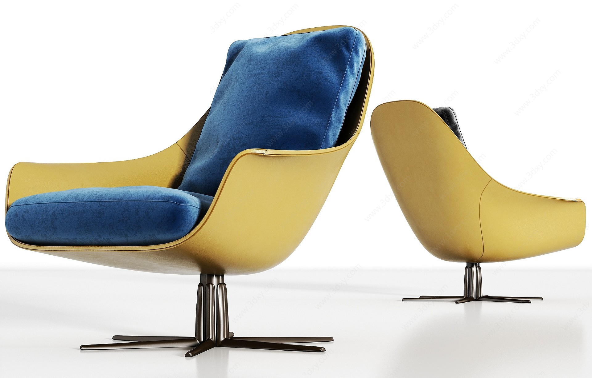 现代轻奢绒布皮革单椅组合3D模型