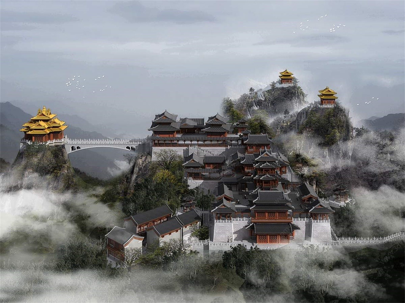 中式古建筑河南老君山寺庙3D模型