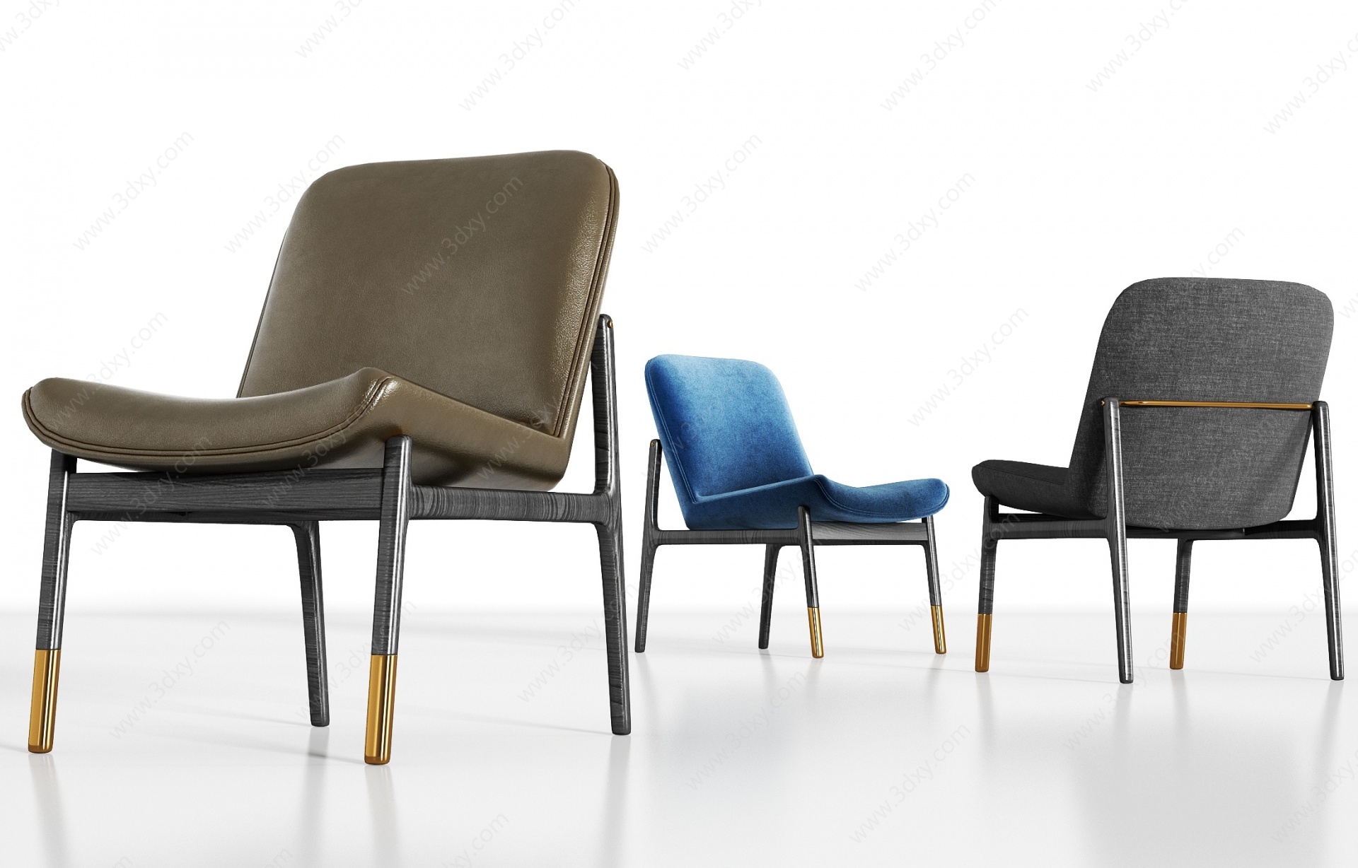 现代实木皮革绒布单椅3D模型