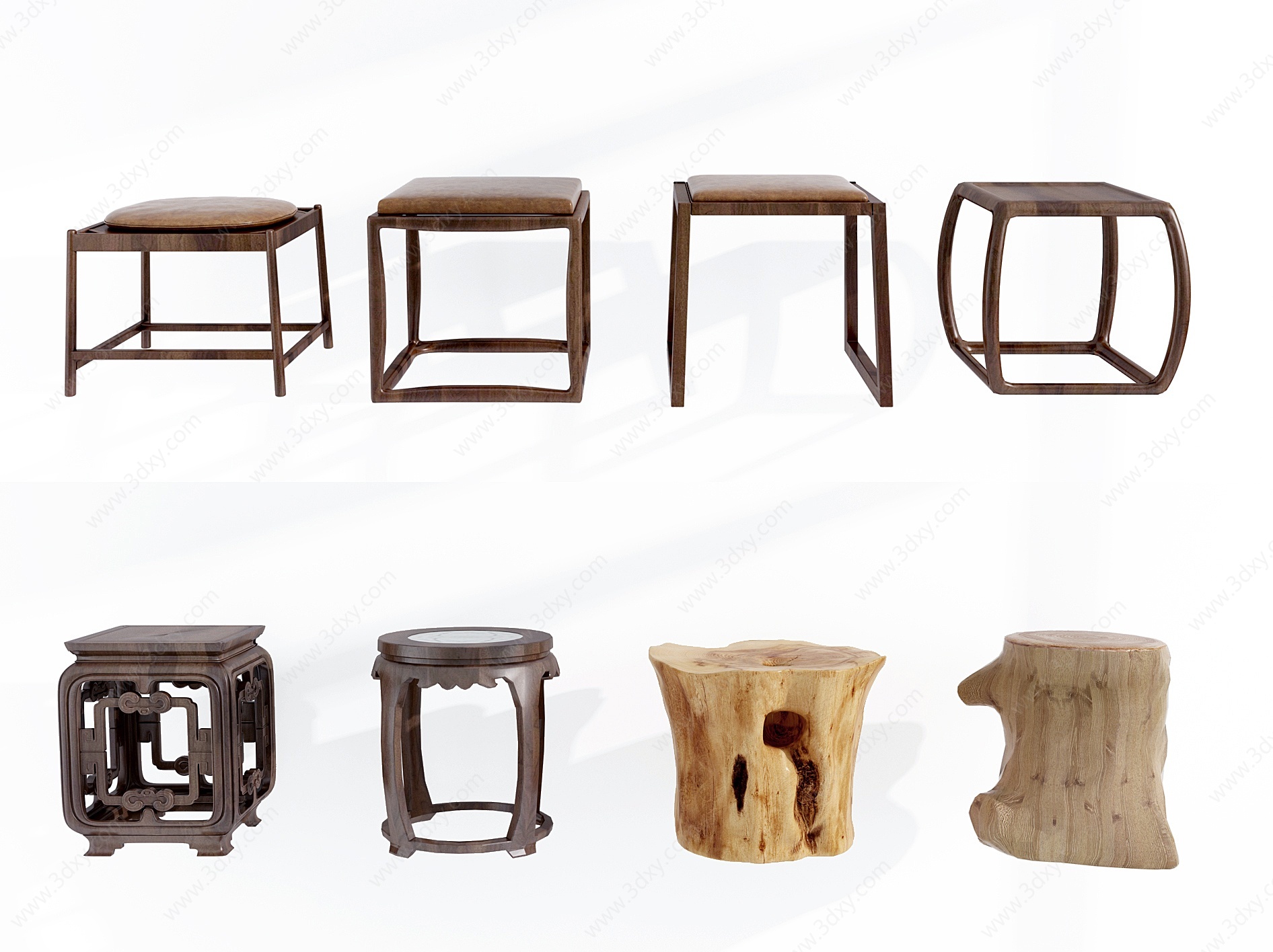 中式实木圆凳矮凳凳子组合3D模型