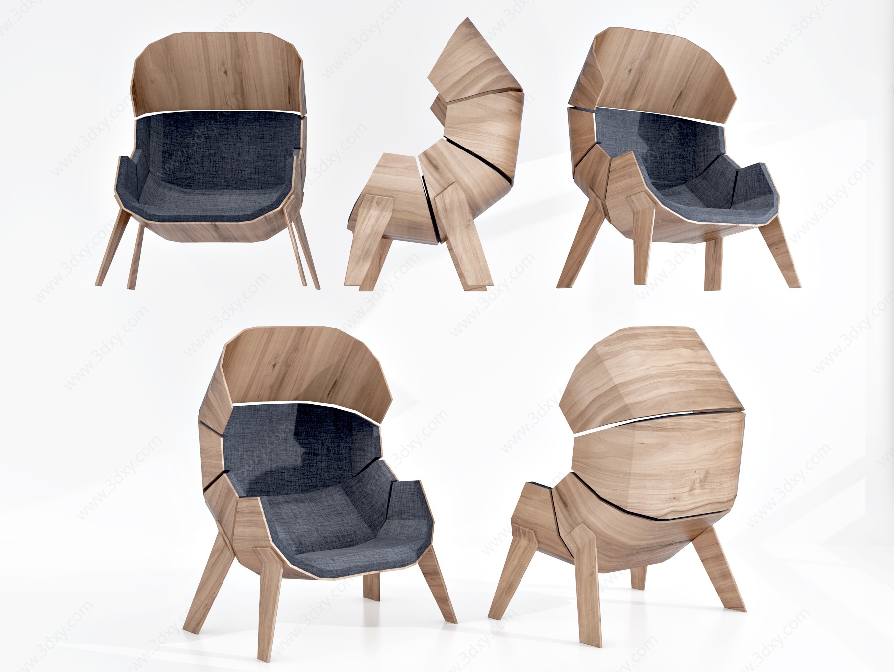 现代原木布艺休闲椅3D模型