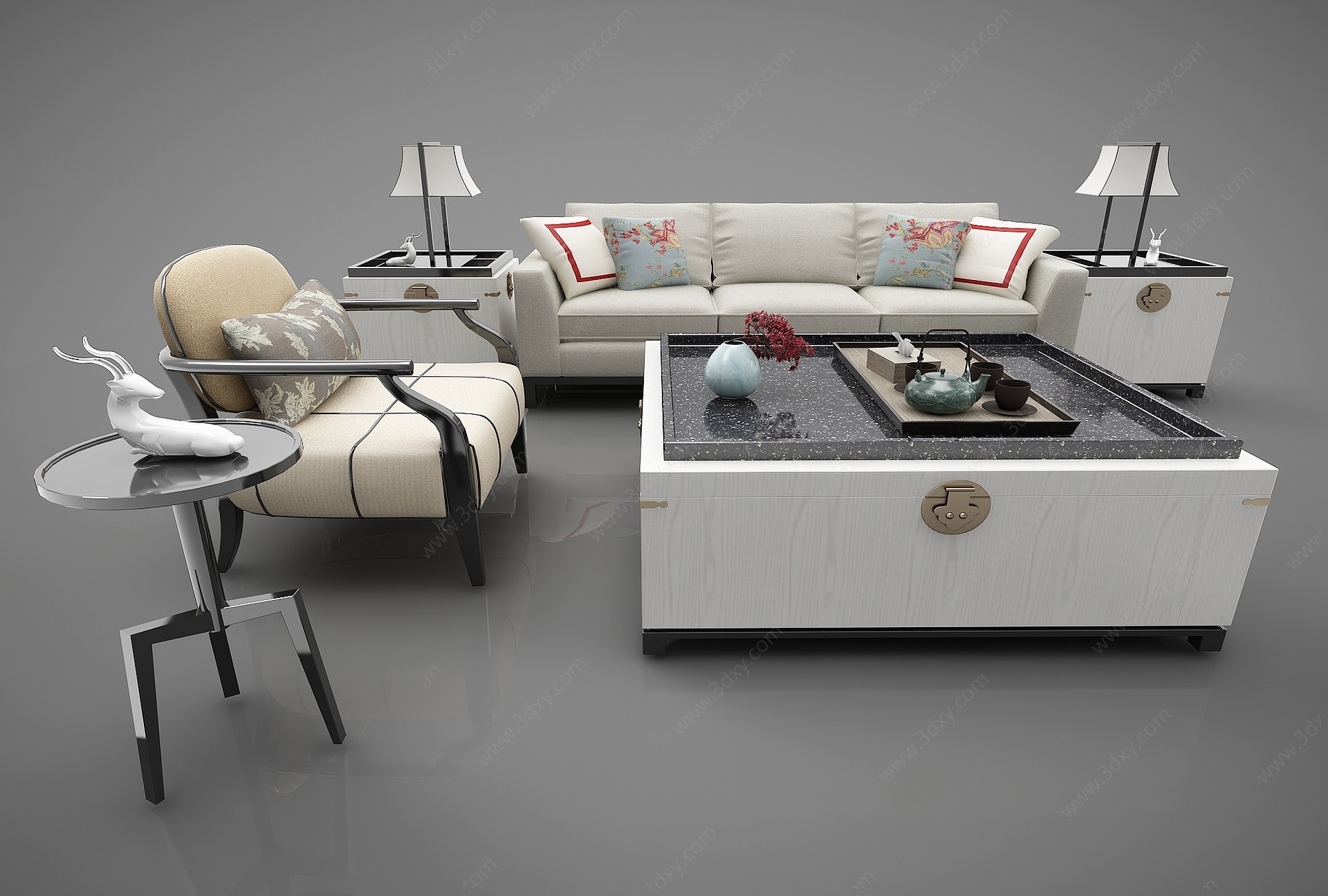 新中式风格沙发茶几组合3D模型
