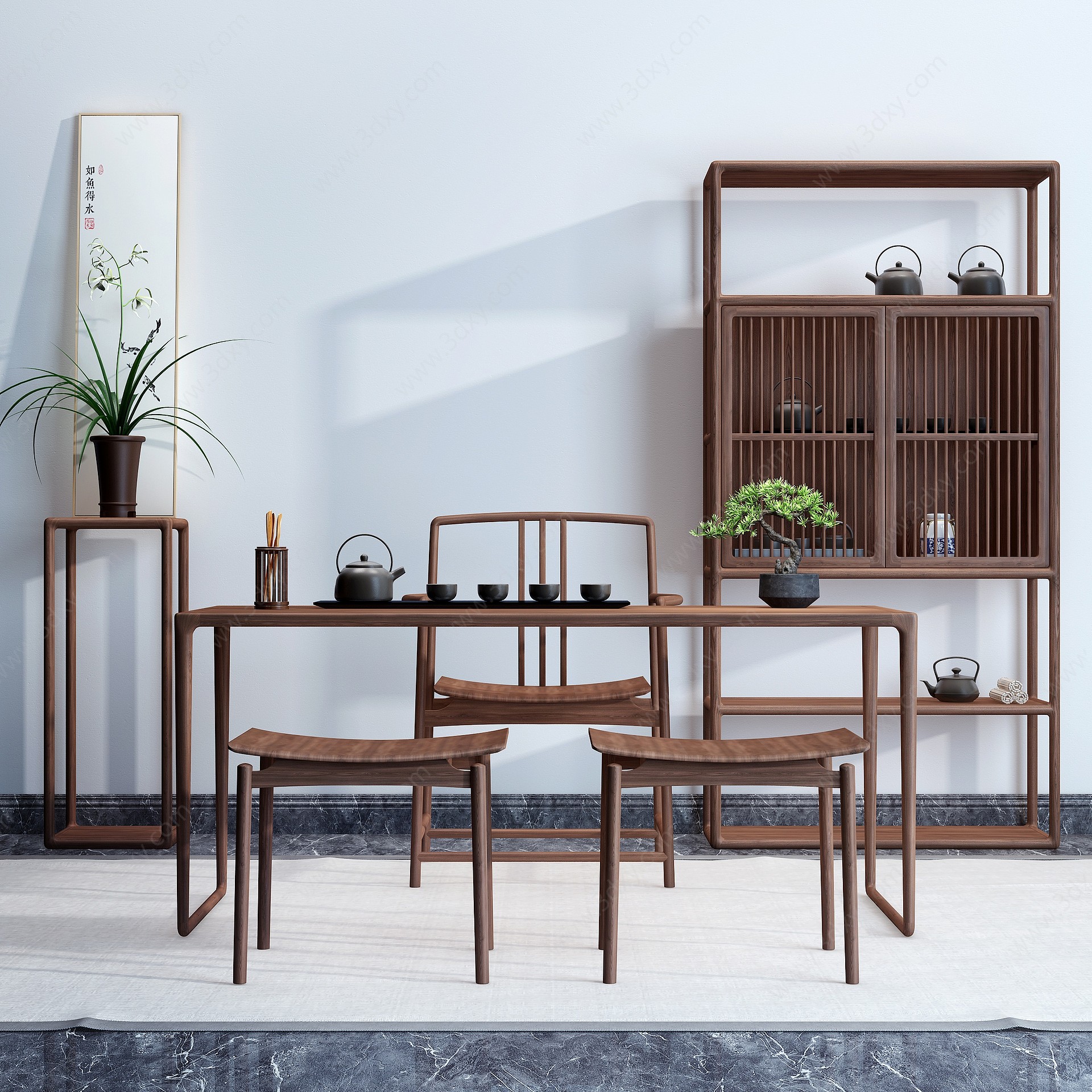 新中式古典实木茶桌椅3D模型