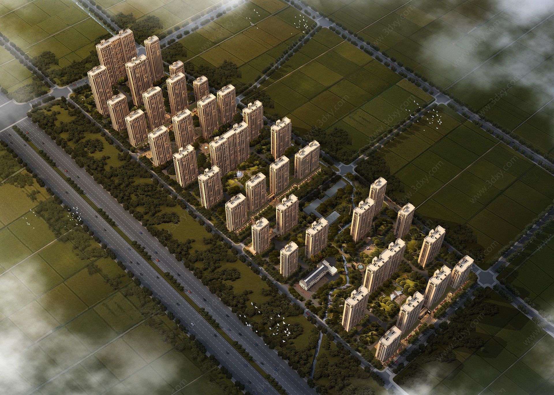 简欧鸟瞰高层住宅超高层3D模型